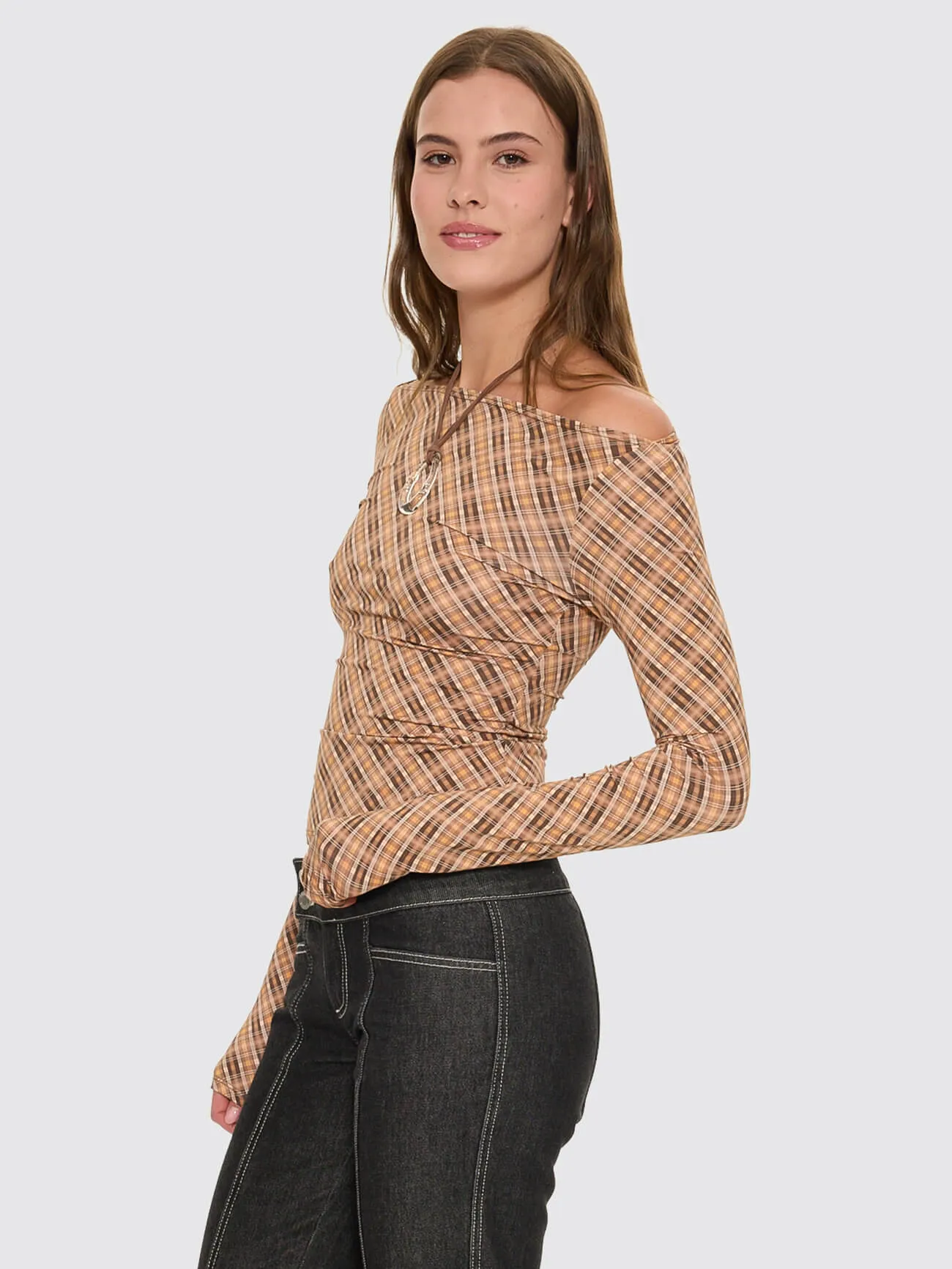 No Vacancy Check Long Sleeve Top - Cinnamon sold by Thrills product image thumbnail 4