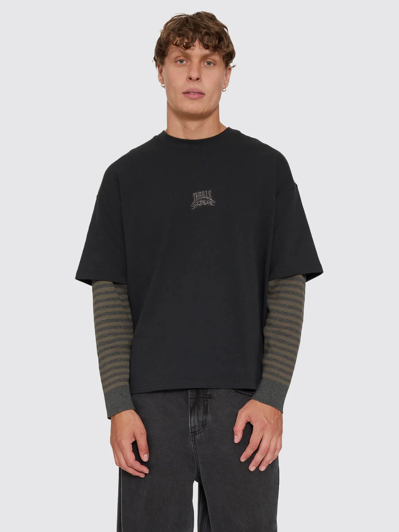 What We Believe Layer Oversize Box Crop Long Sleeve Tee - Faded Black sold by Thrills