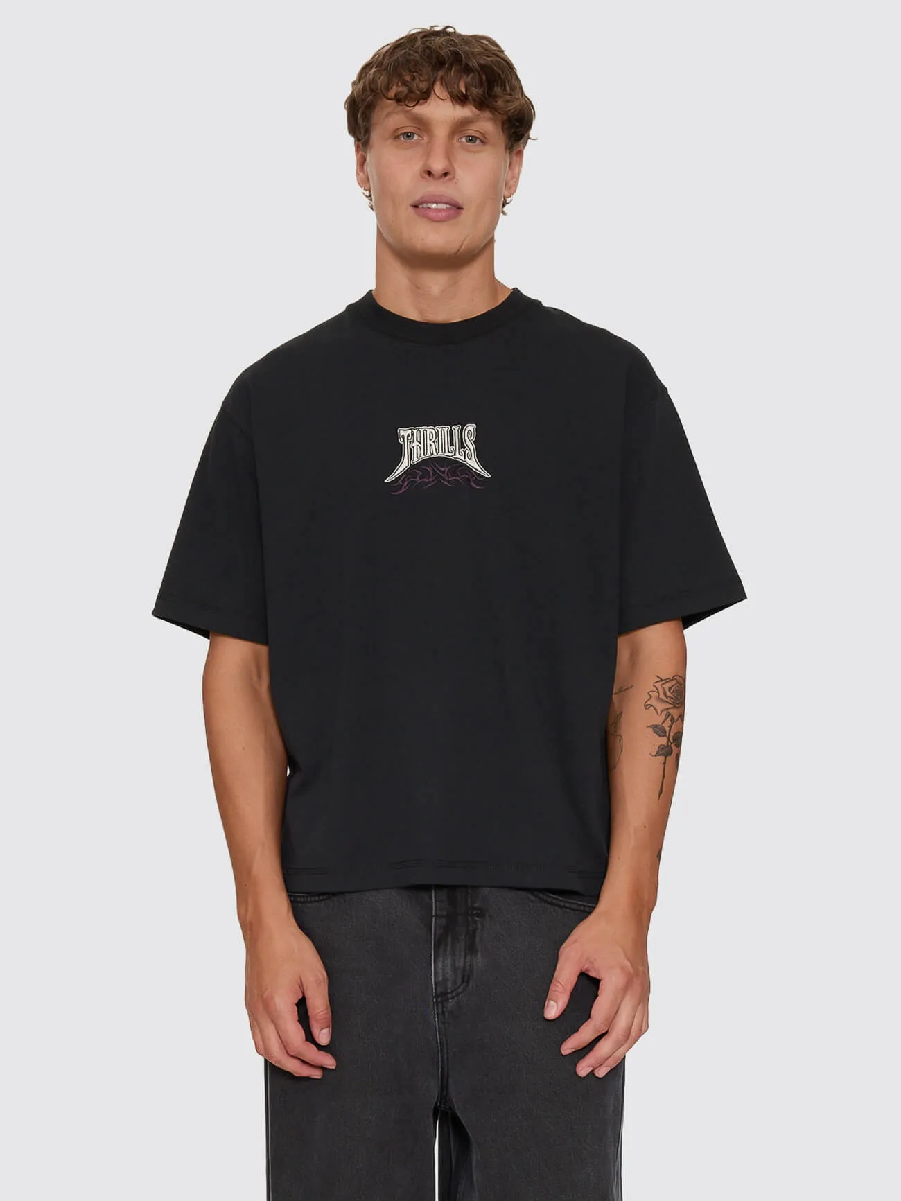 What We Believe Embro Oversize Box Crop Tee - Washed Black sold by Thrills