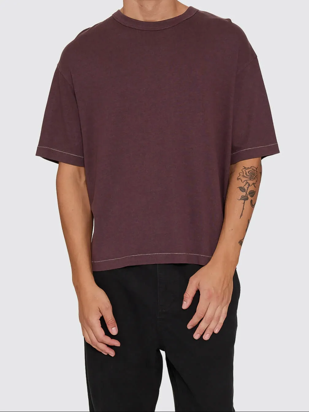 Hemp Thrills Embro Oversize Box Crop Contrast Tee - Aubergine sold by Thrills