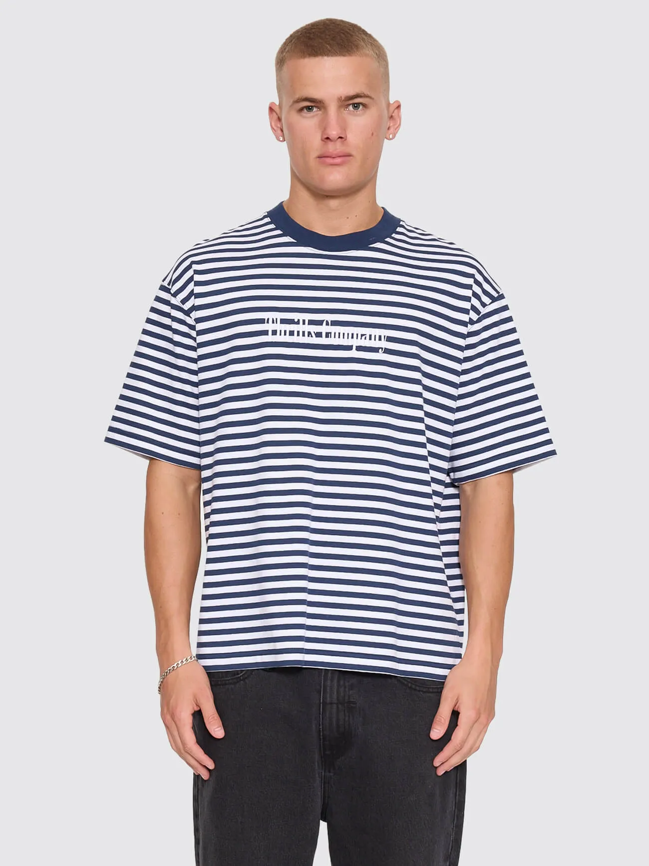 Primitive Stripe Oversize Box Crop Tee - Heritage Navy Stripe sold by Thrills