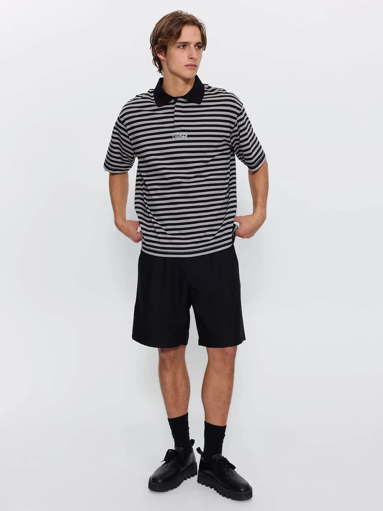 Shattered Stripe Box Crop Polo - Grey Stripe sold by Thrills product image thumbnail 5