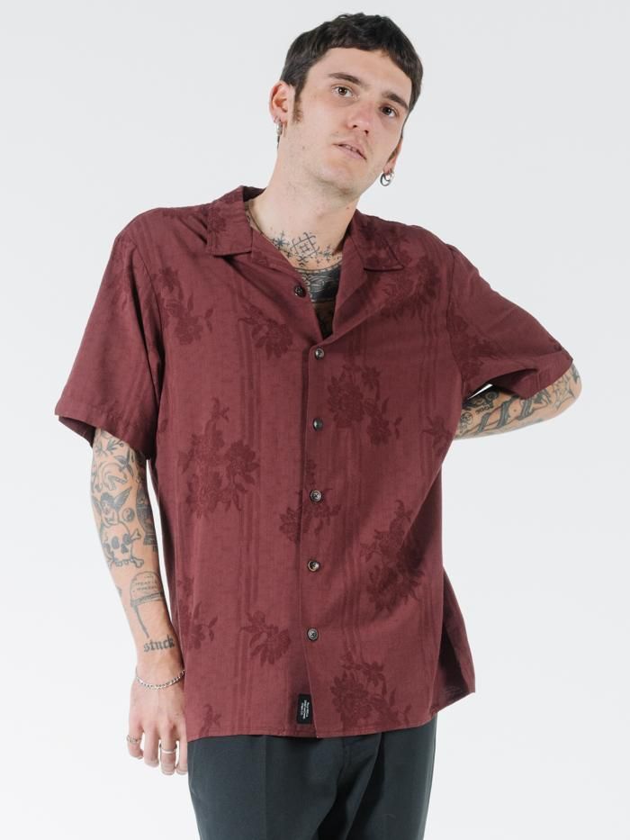 Hidden Paradise Bowling Shirt - Blood Red sold by Thrills
