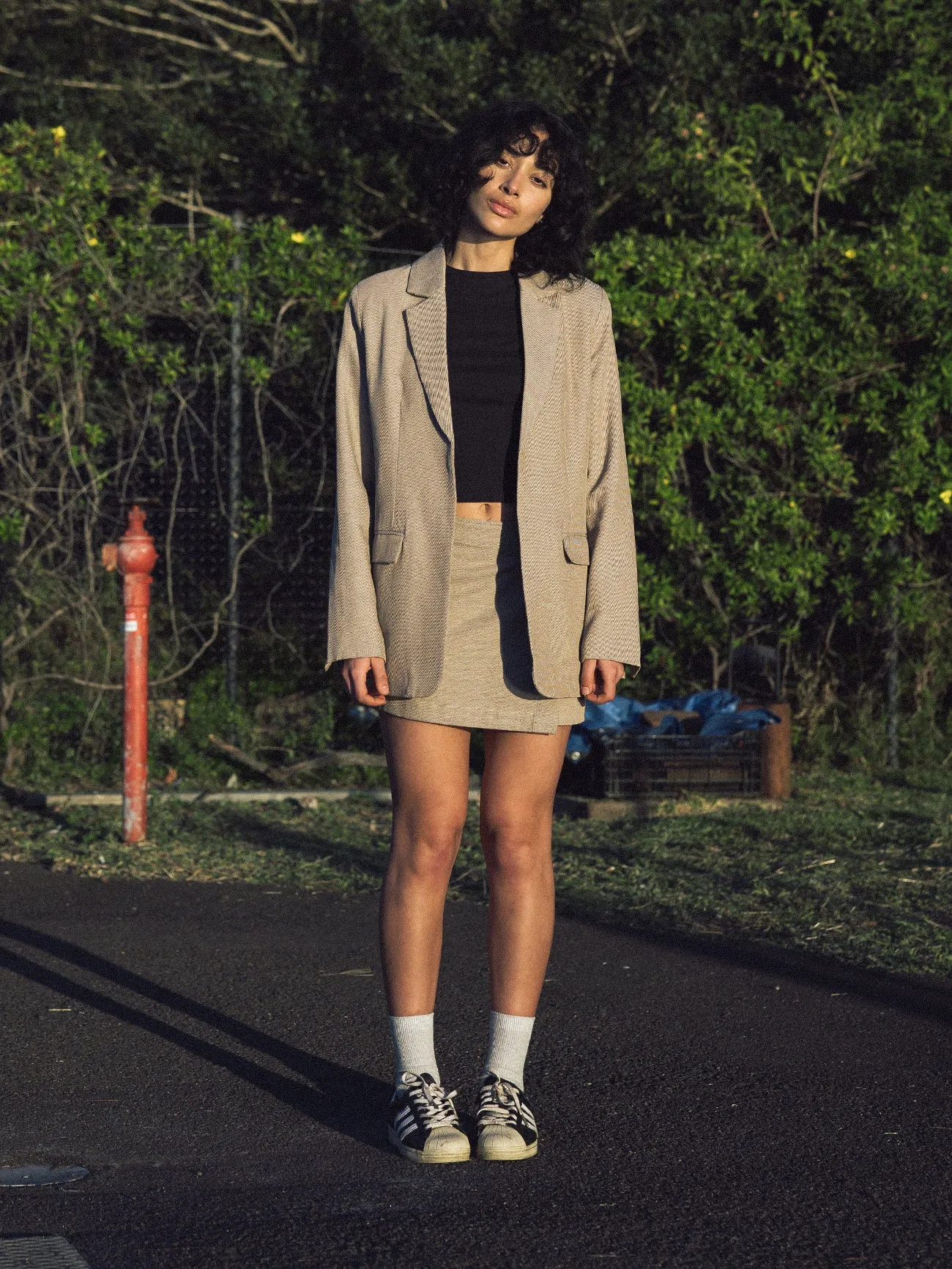 Allegra Twill Suiting Blazer - Tan Black sold by Thrills