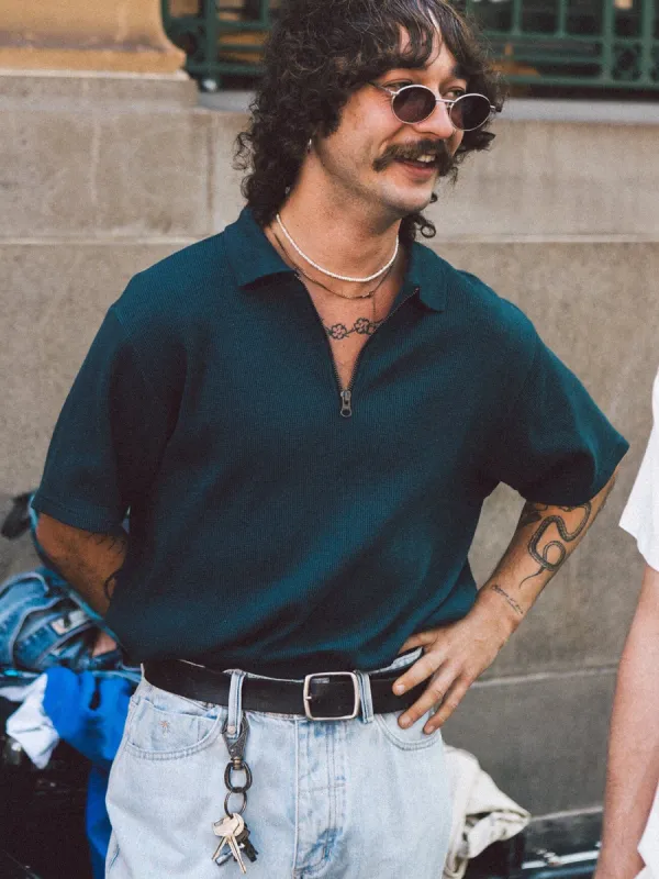 Existencial Waffle Quarter Zip Polo - Jasper Green sold by Thrills