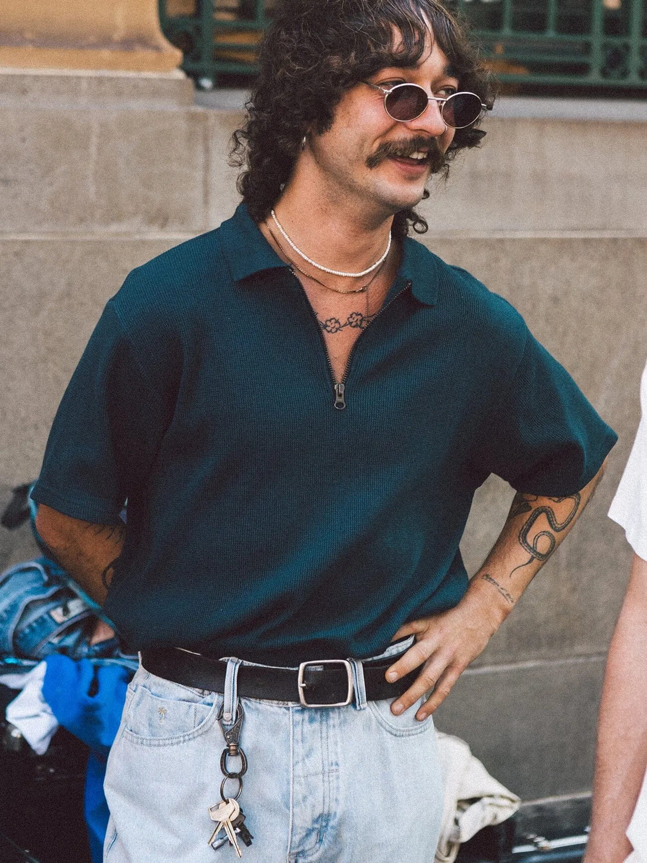 Existencial Waffle Quarter Zip Polo - Jasper Green sold by Thrills