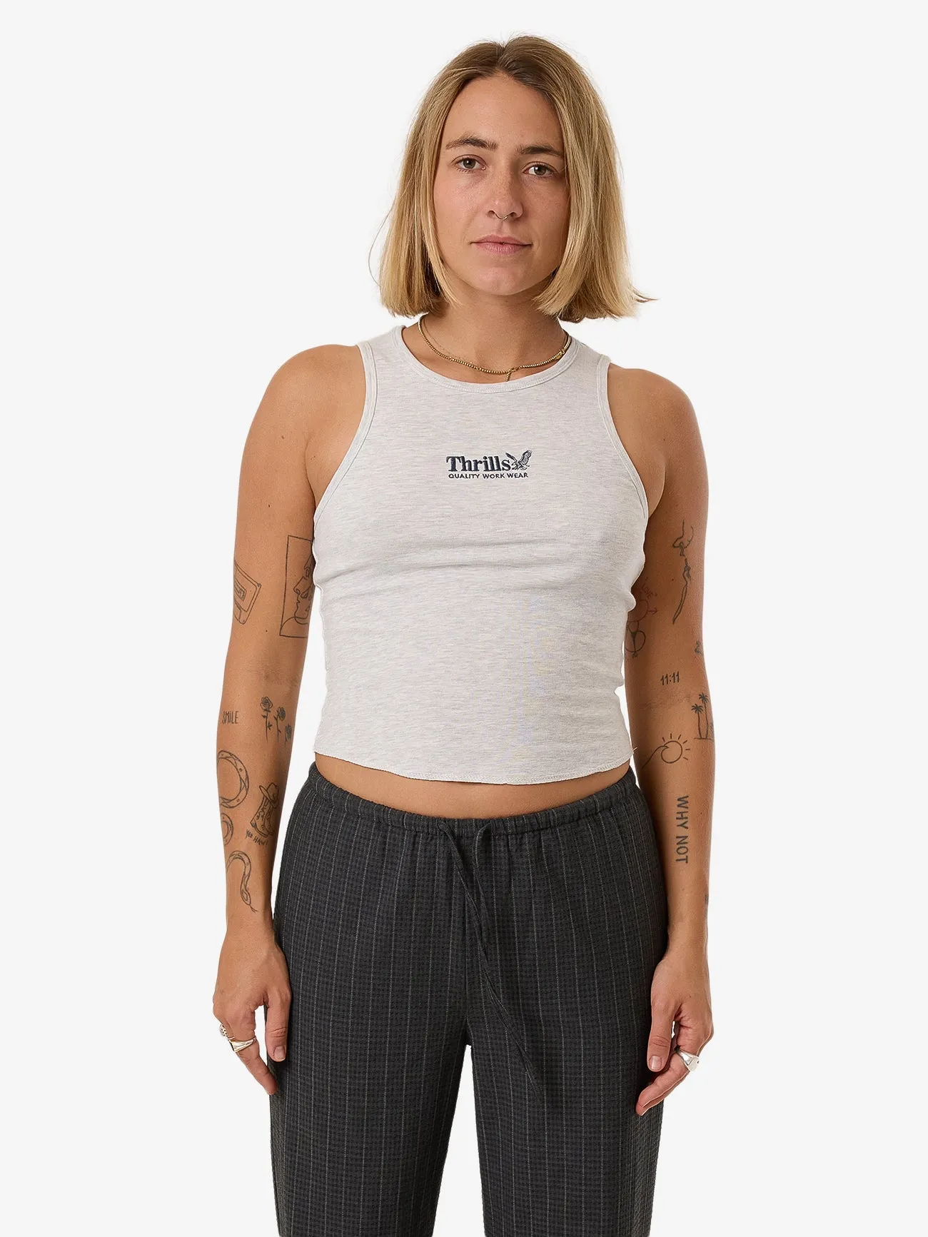 Thrills Workwear Embro Curve Tank - White Marle sold by Thrills