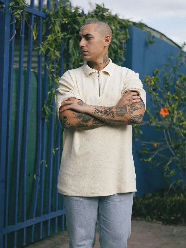 Beholder Waffle Three Quarter Zip Polo - Unbleached sold by Thrills