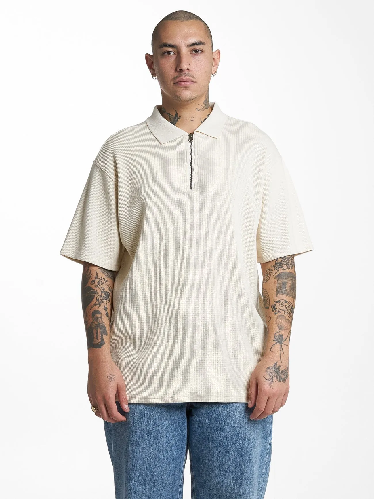 Beholder Waffle Three Quarter Zip Polo - Unbleached sold by Thrills product image thumbnail 2