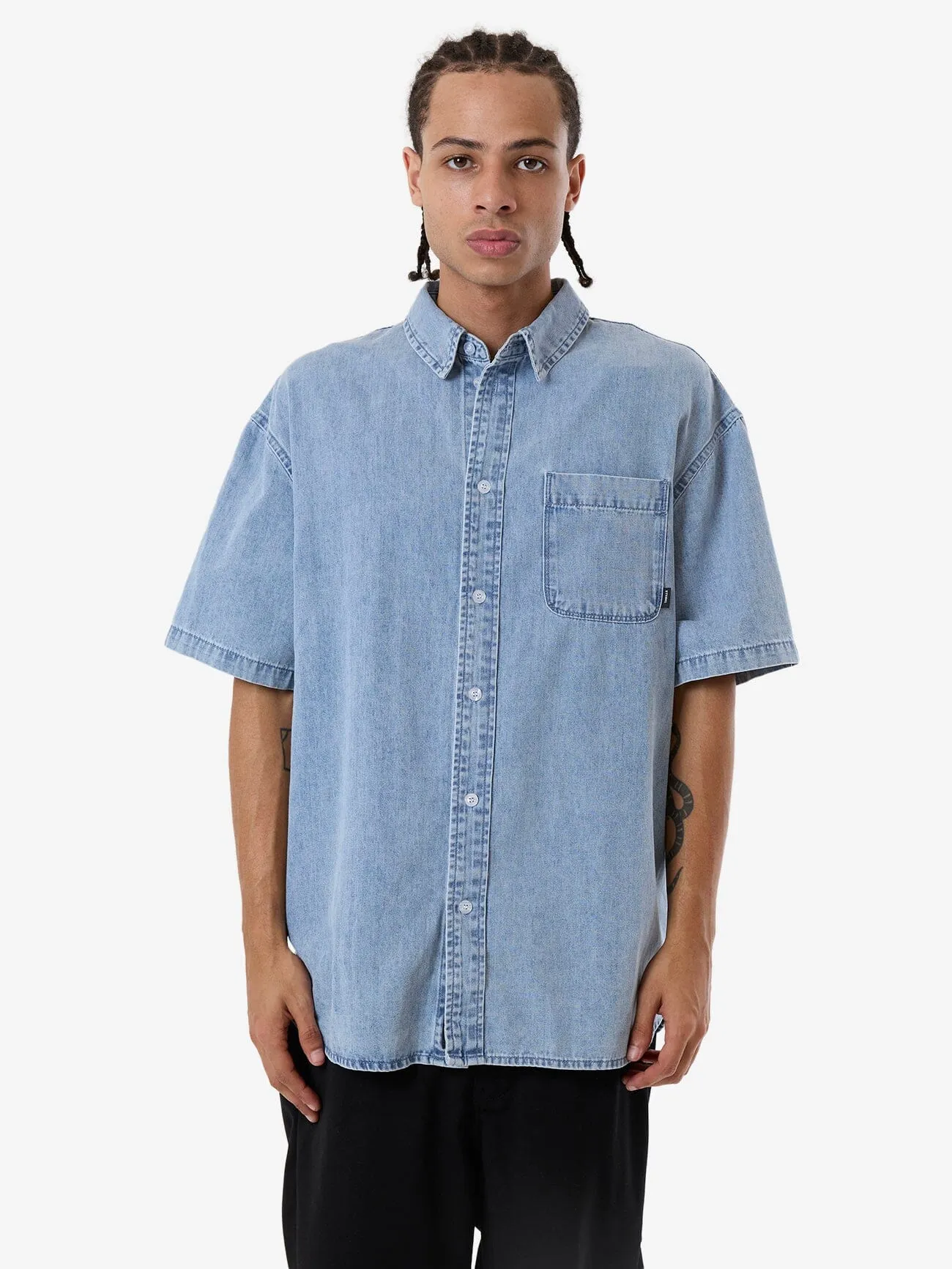 Canyon Oversize Short Sleeve Denim Shirt - Faded Rinse Indigo sold by Thrills