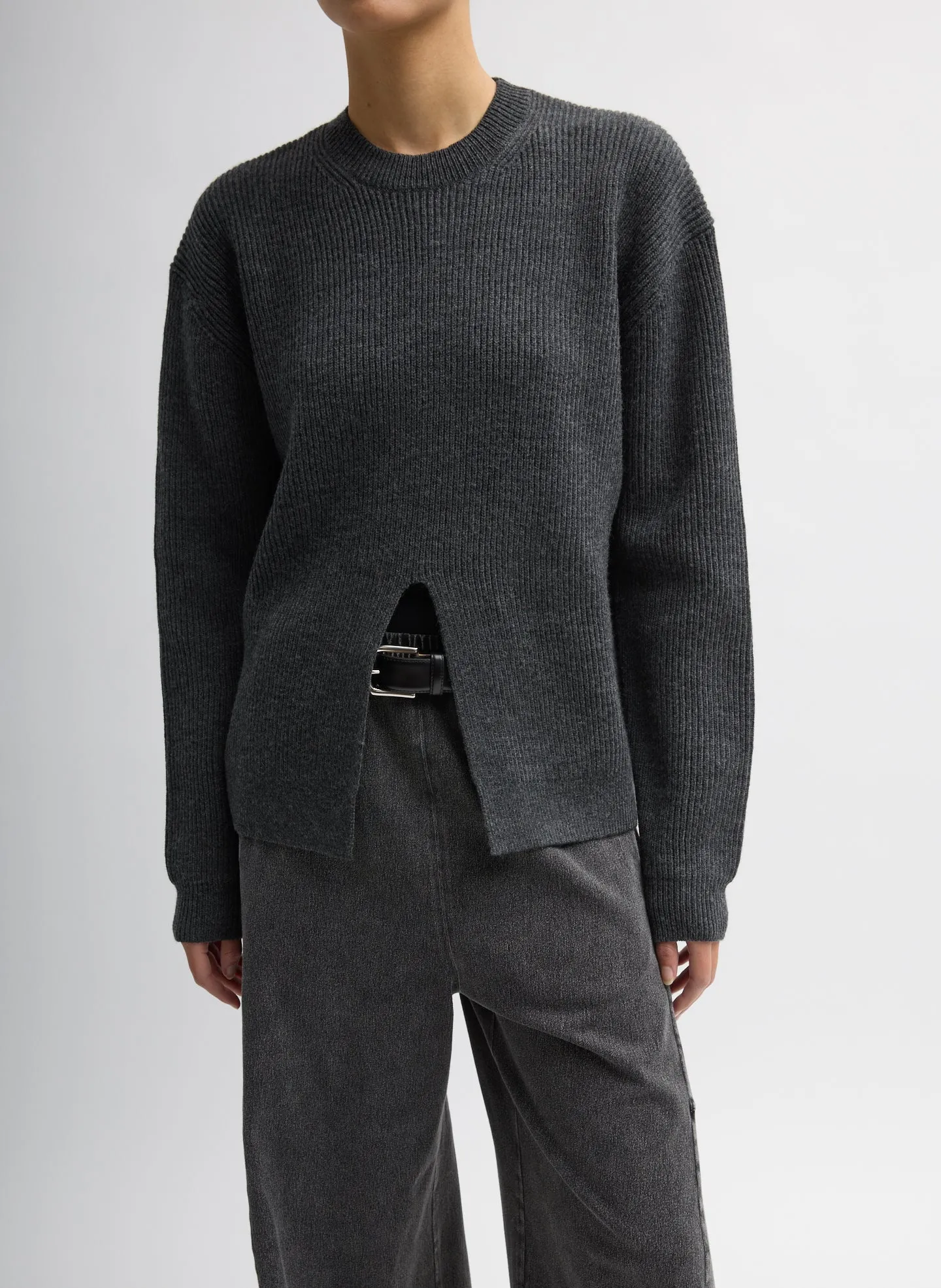 Cardigan Stitch Split Front Crewneck Easy Pullover sold by Tibi