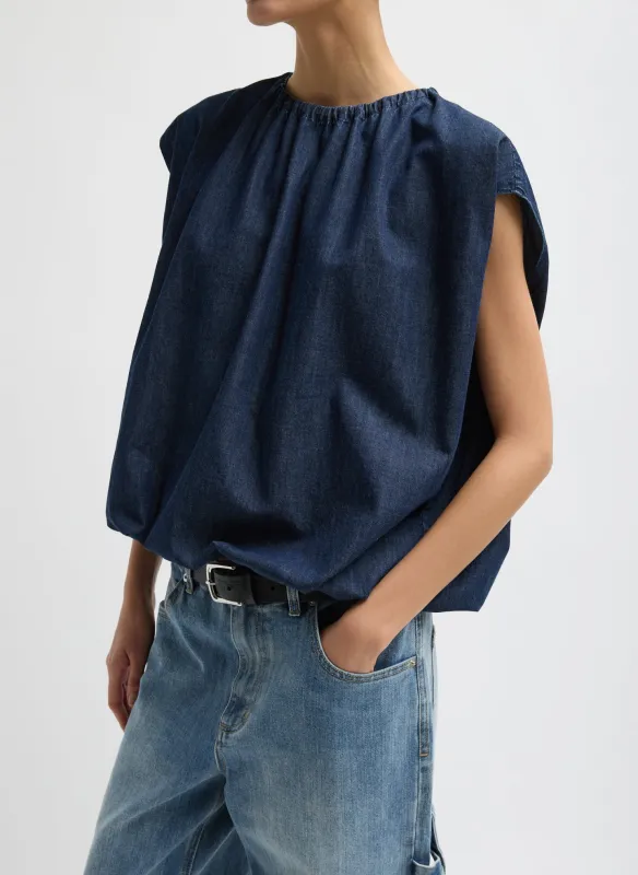 Summer Denim Indigo Shirred Neck Circular Top sold by Tibi