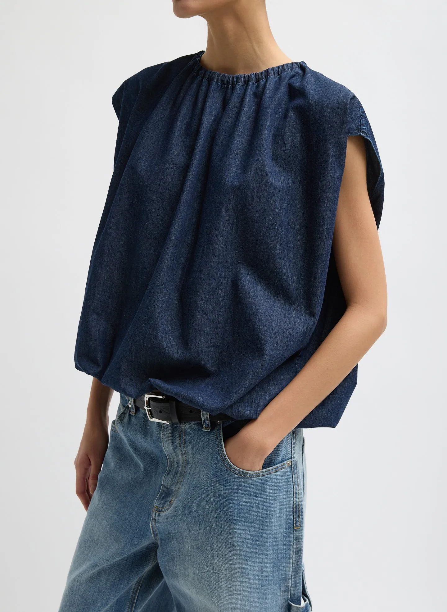 Summer Denim Indigo Shirred Neck Circular Top sold by Tibi
