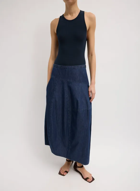 Light Weight Indigo Denim Asymmetrical Balloon Skirt sold by Tibi