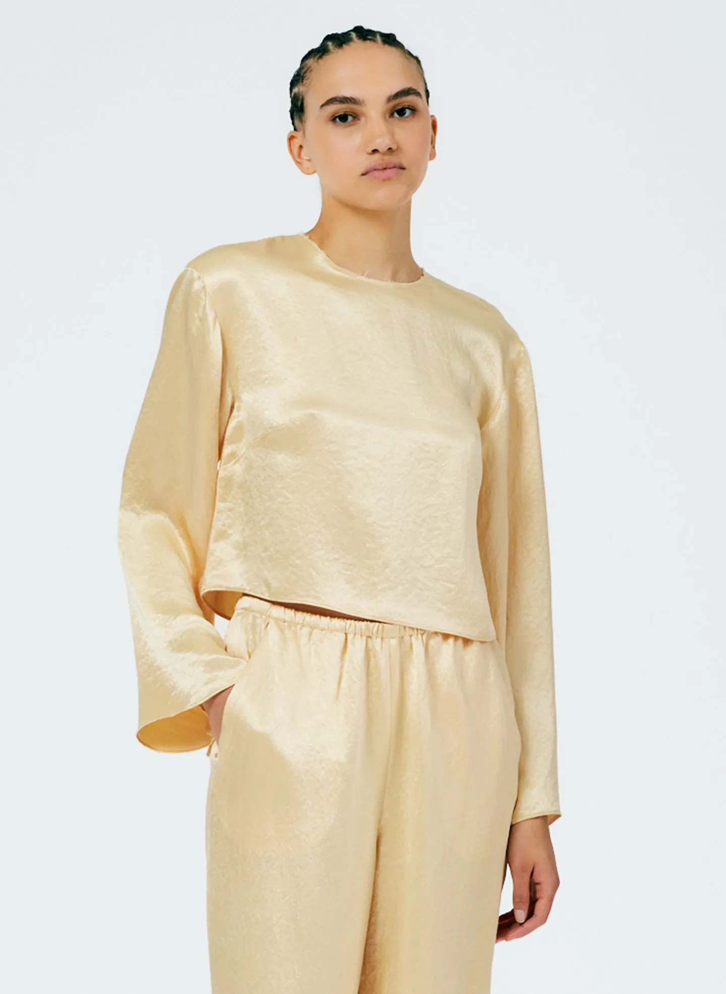 Sion Satin Long Sleeve Cropped Top sold by Tibi