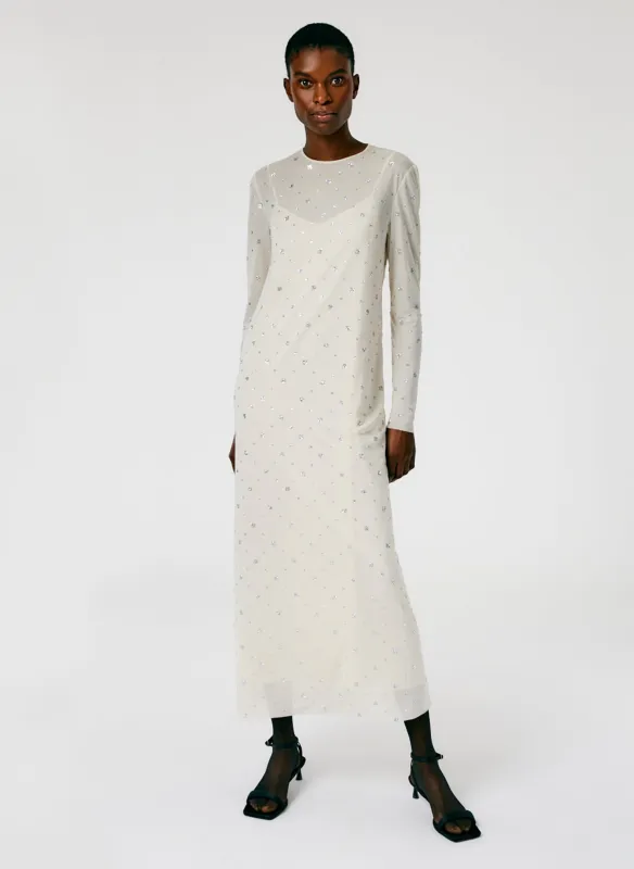 Sheer Metallic Speckle Long Sleeve Open Back Dress sold by Tibi
