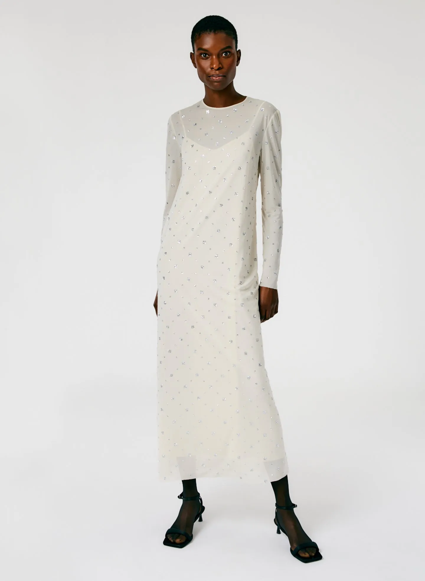 Sheer Metallic Speckle Long Sleeve Open Back Dress sold by Tibi