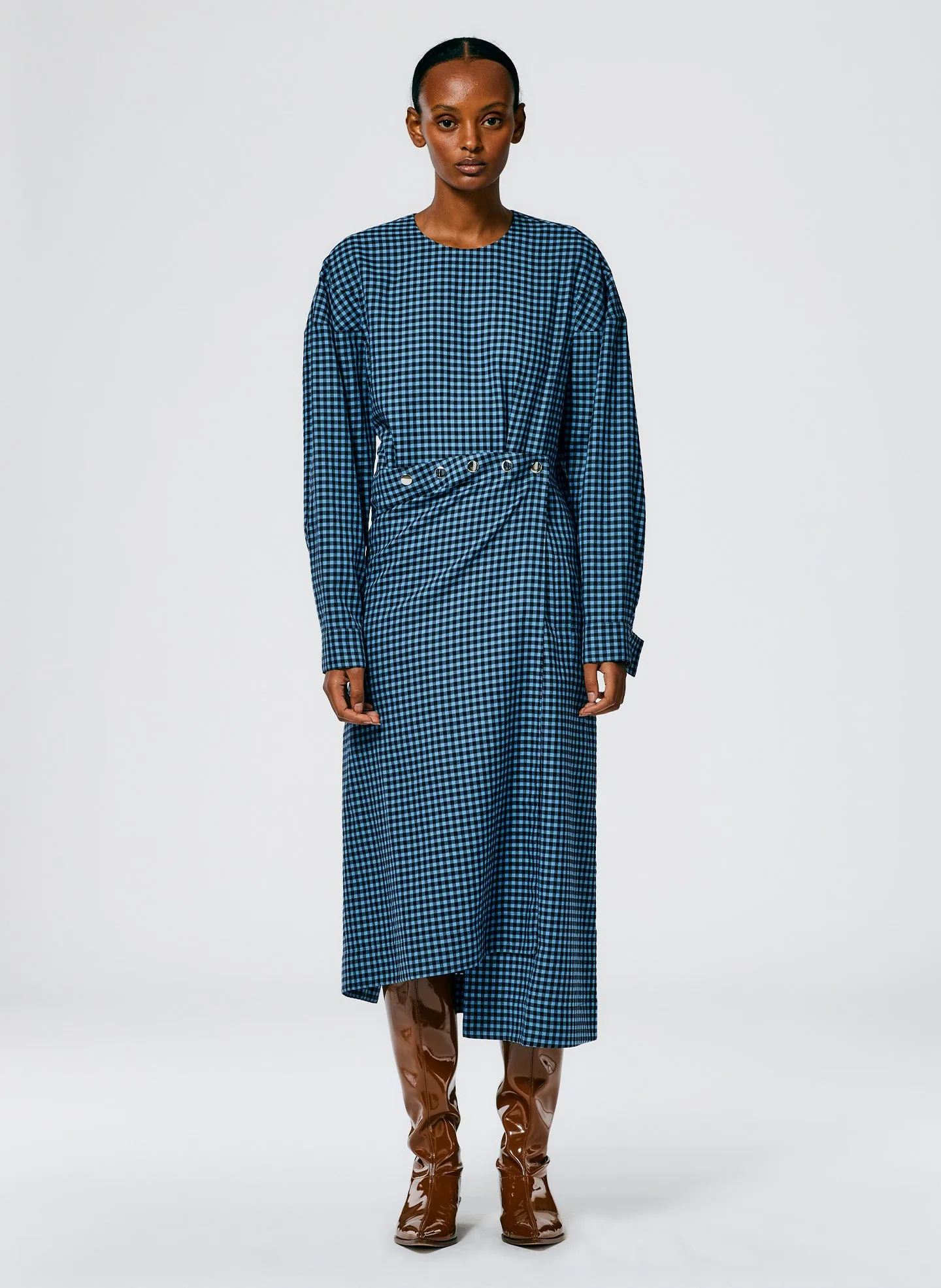 Pascale Gingham Asymmetric Flap Snap Dress sold by Tibi