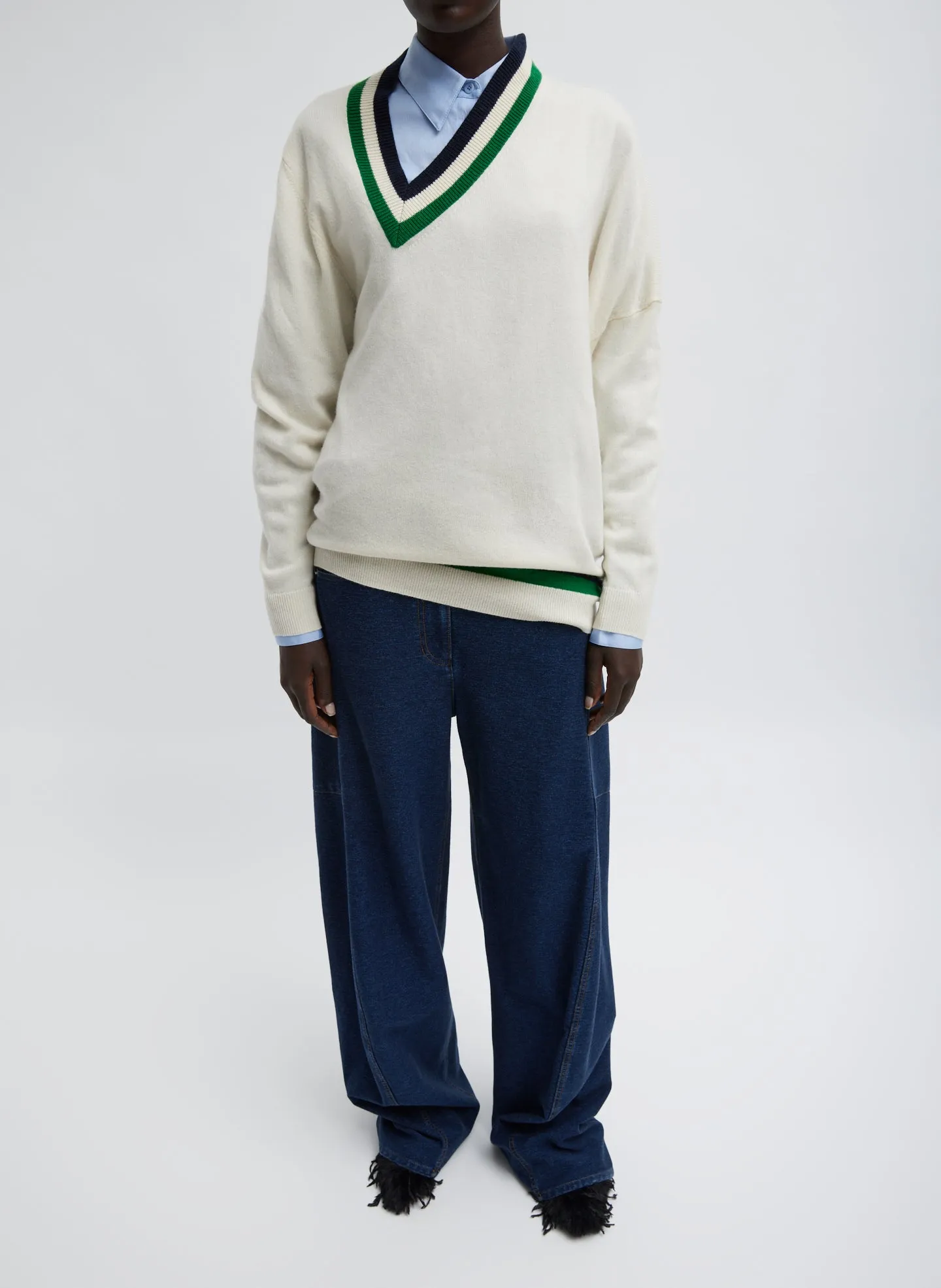 Washable Cashmere Striped Warp V-Neck Pullover sold by Tibi
