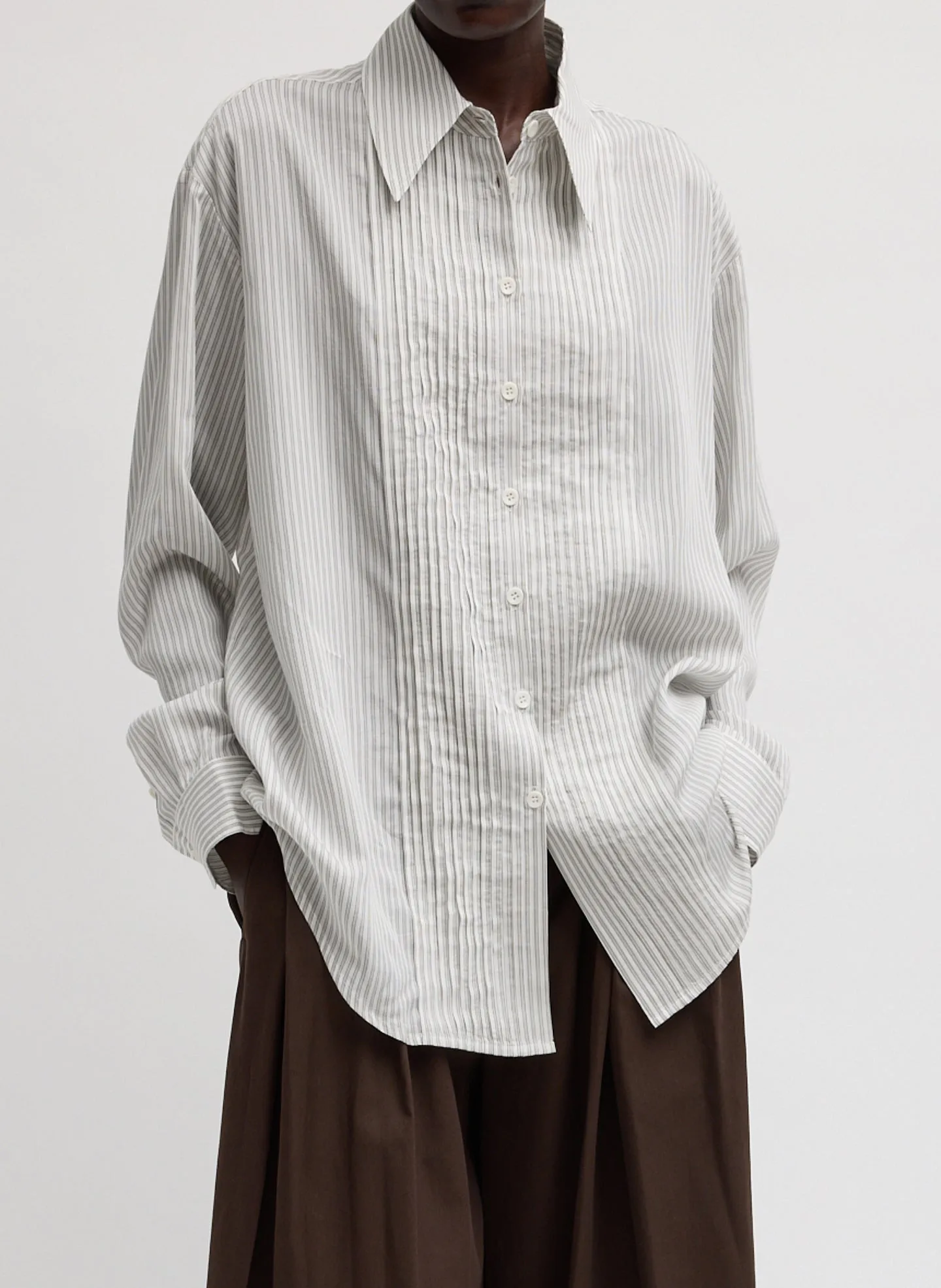 Ultra Light Silk Tencel Striped Pintucked Shirt sold by Tibi