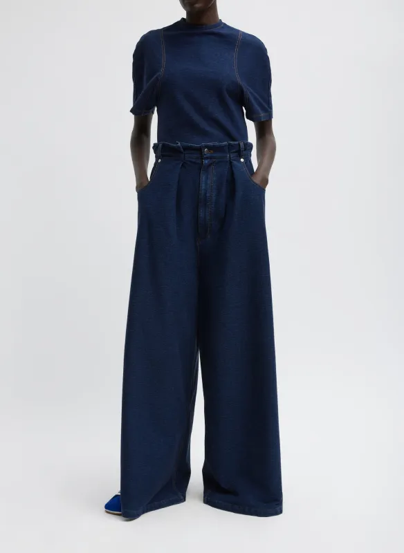 Indigo Barre Denim Knit Walker Wide Leg Jean made by Tibi
