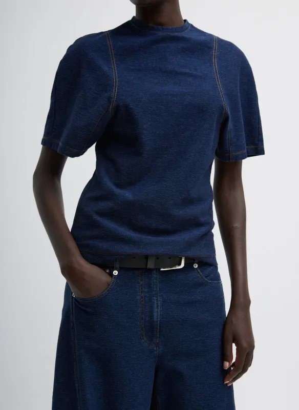 Indigo Barre Denim Knit Sculpted Shrunken T-Shirt sold by Tibi