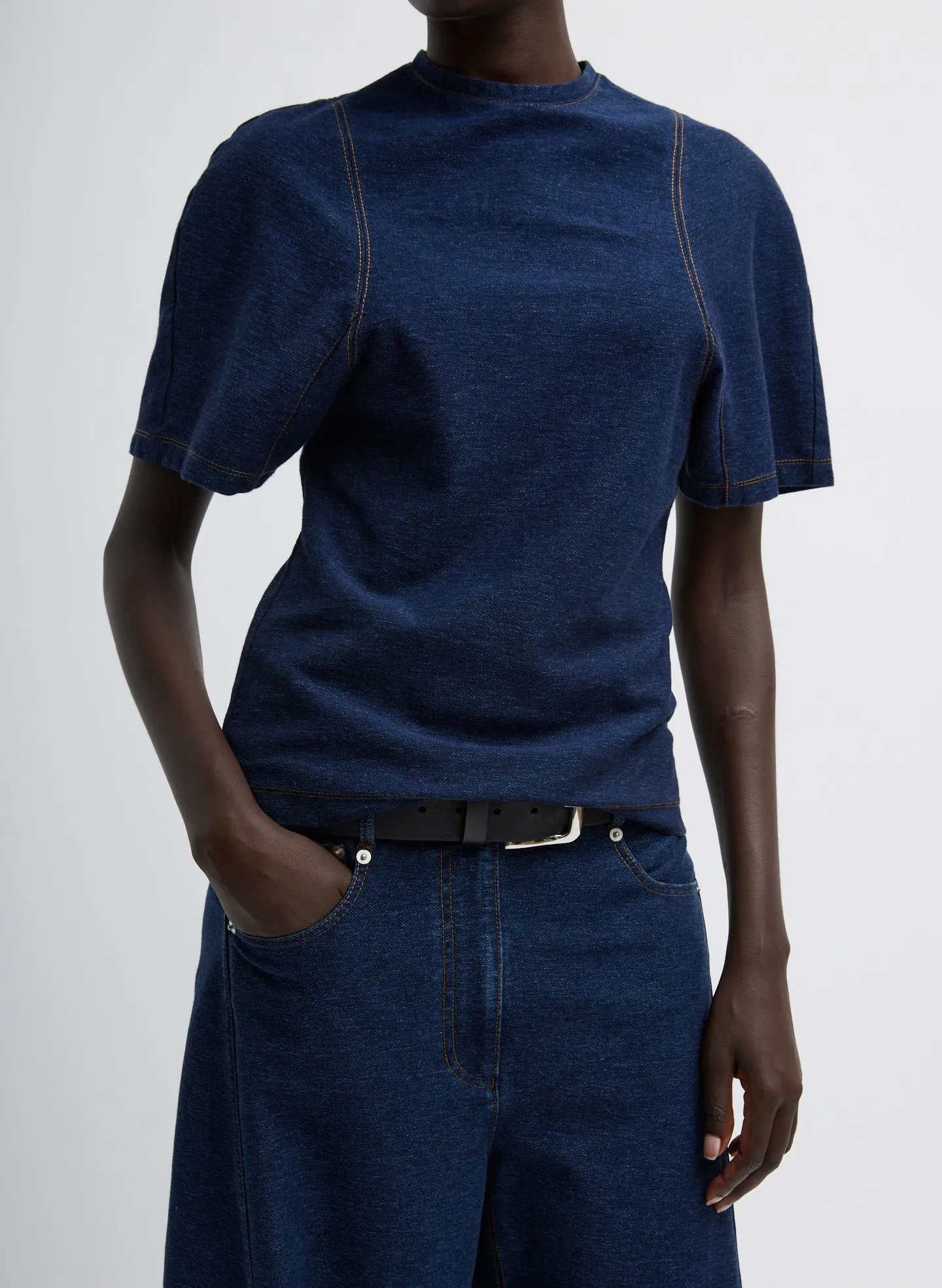 Indigo Barre Denim Knit Sculpted Shrunken T-Shirt sold by Tibi