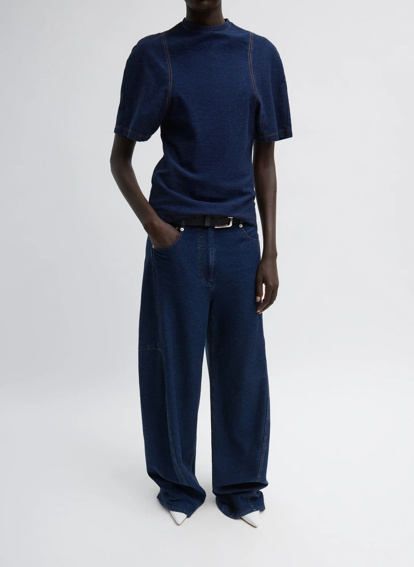 Indigo Barre Denim Knit Sculpted Shrunken T-Shirt sold by Tibi product image thumbnail 4