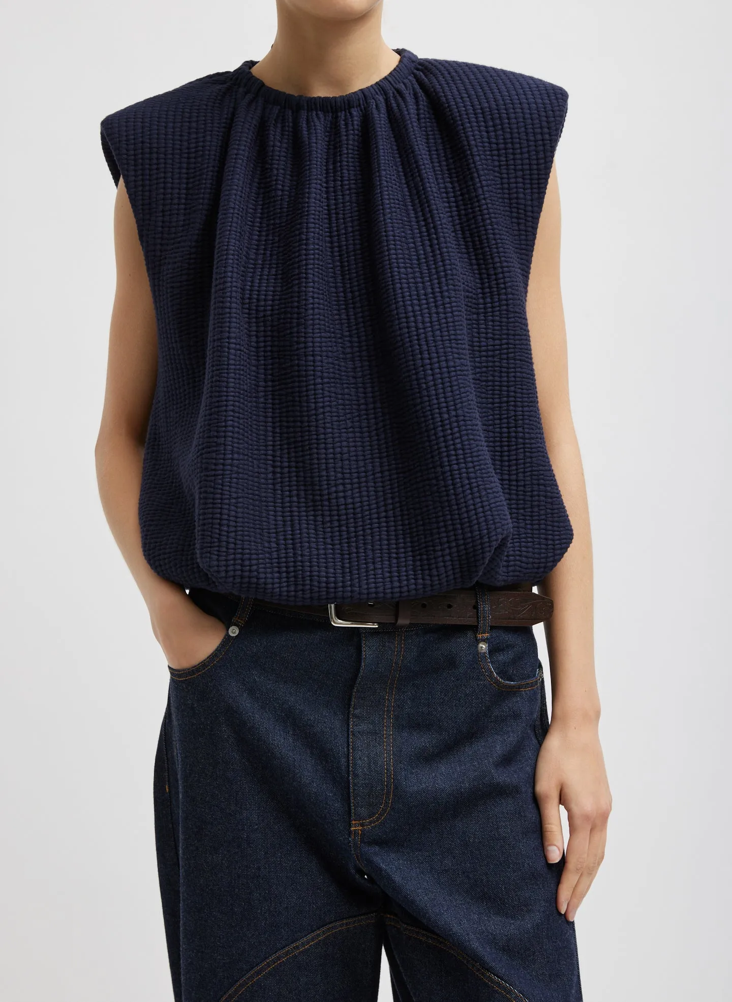 Quilted Waffle Shirred Neck Top sold by Tibi