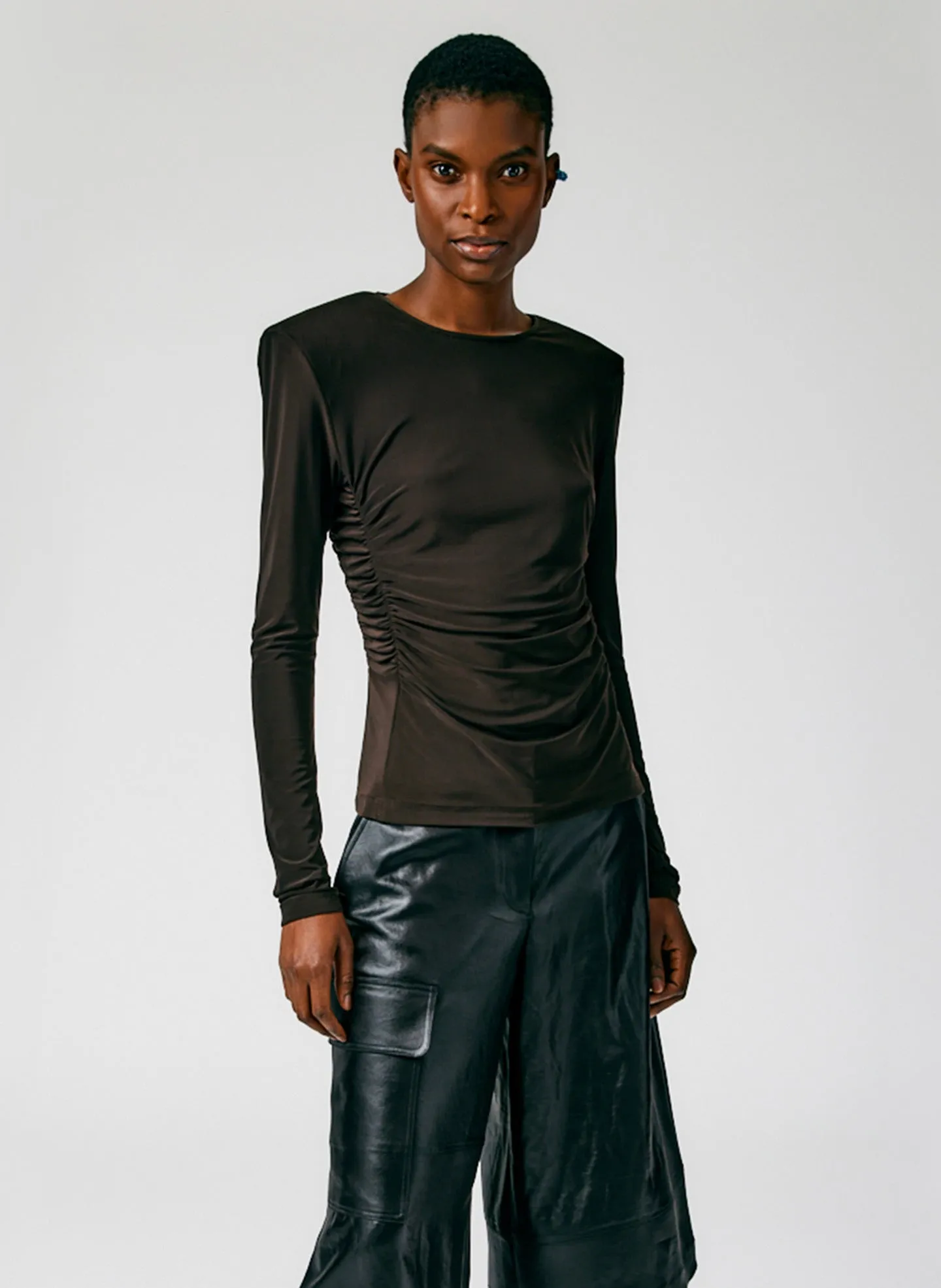 Micro Jersey Shoulderpad Fitted Crewneck Top sold by Tibi