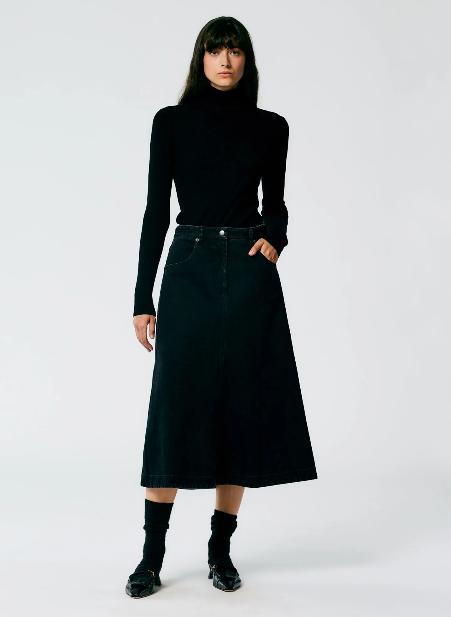 Black Denim Midi A-Line Skirt sold by Tibi