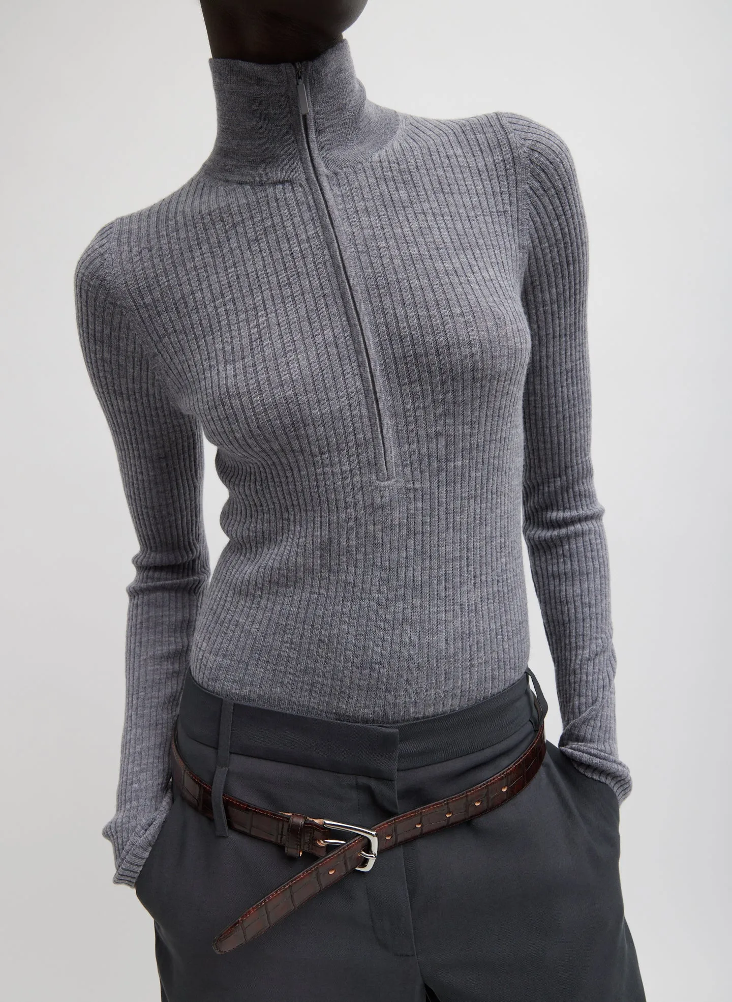 Feather Weight Ribbed Turtleneck Zip Up Sweater sold by Tibi