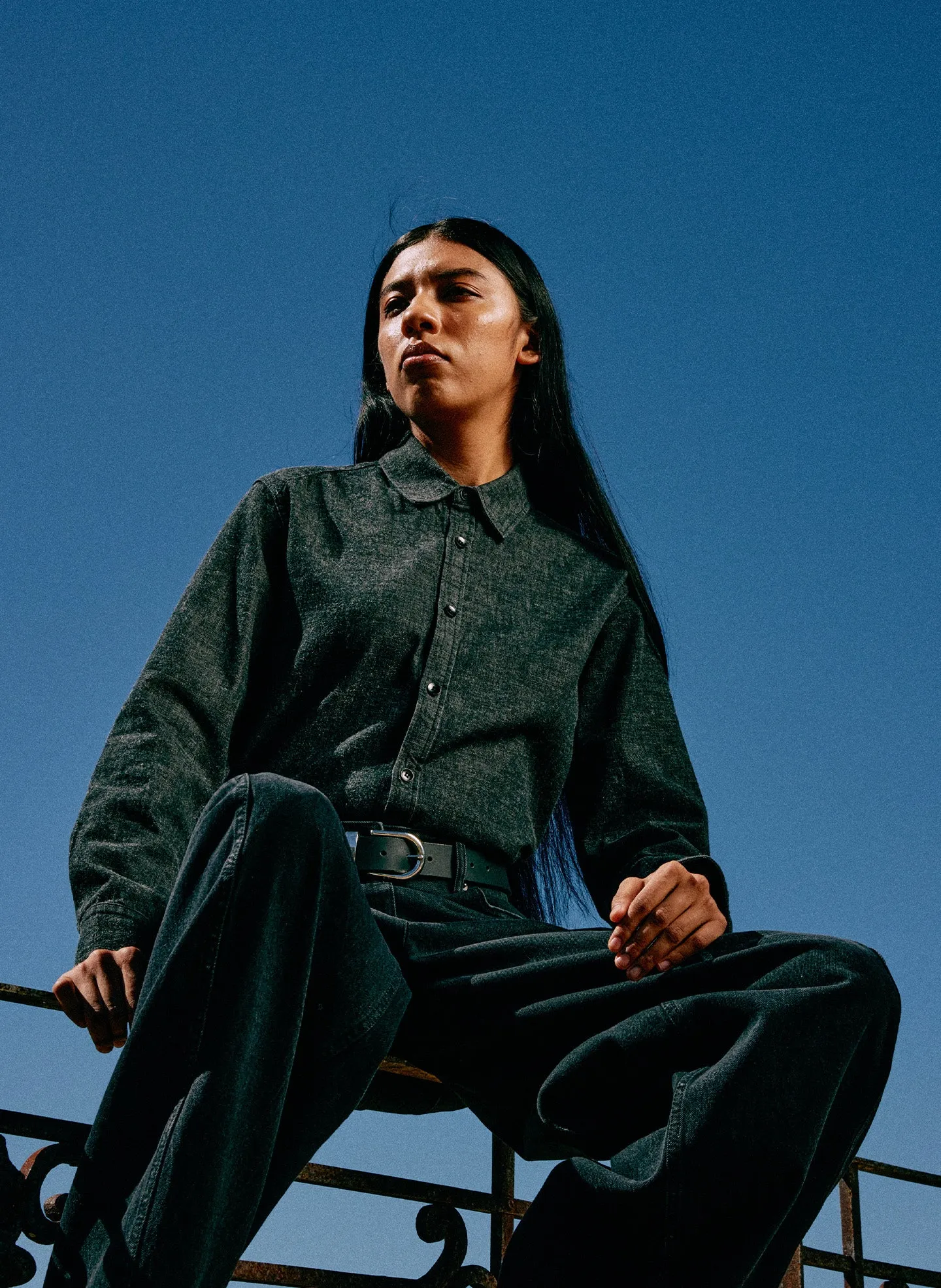 Light Weight Stone Washed Black Denim Charlie Slim Shirt sold by Tibi product image thumbnail 2