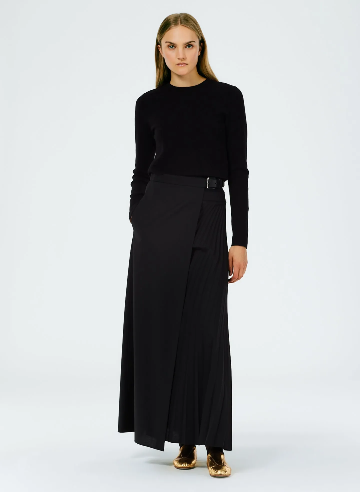 Tropical Wool Pleated Leather Belt Maxi Skirt sold by Tibi