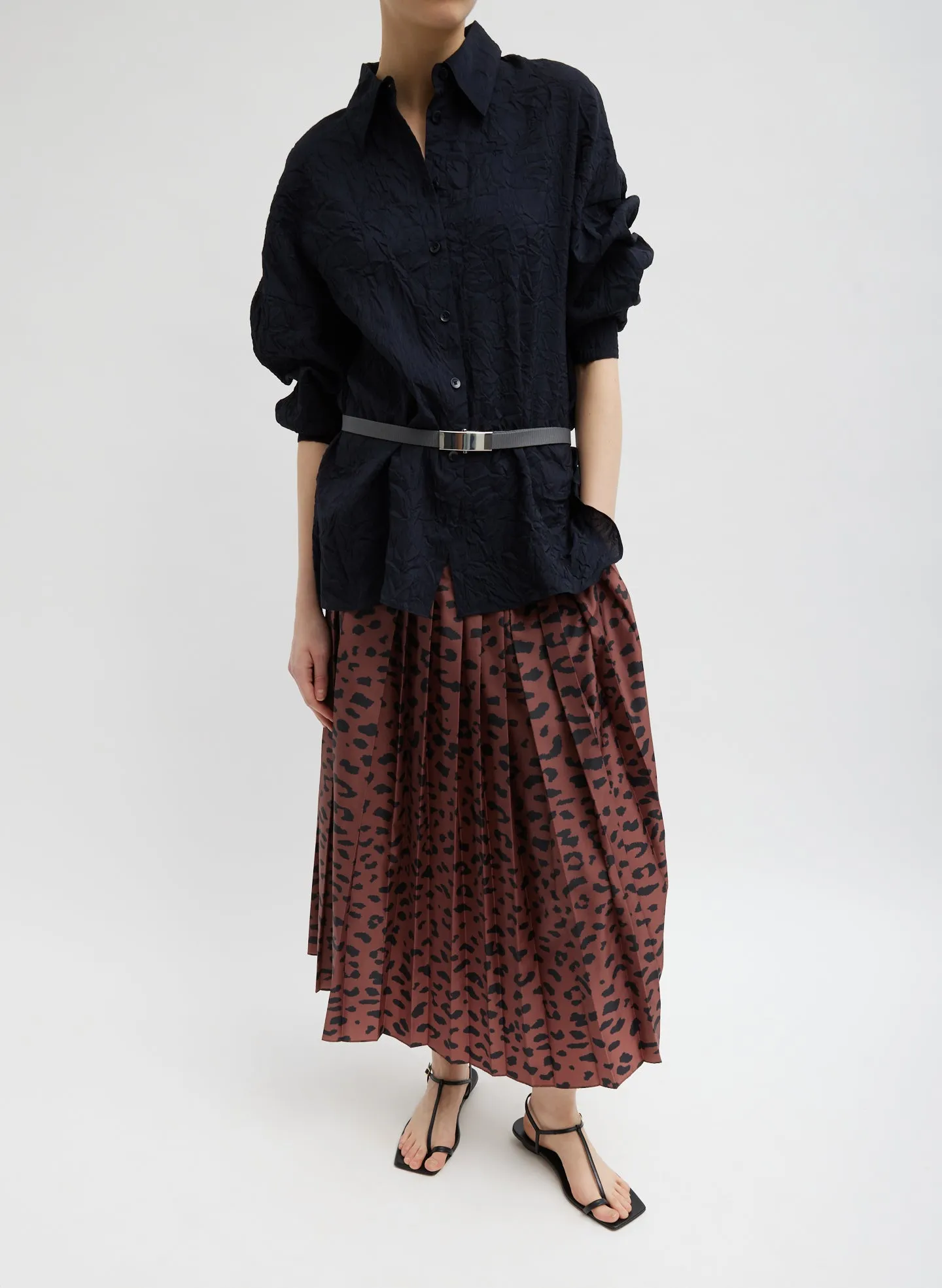 Recycled Sporty Nylon Cheetah Pleated Pull On Skirt sold by Tibi