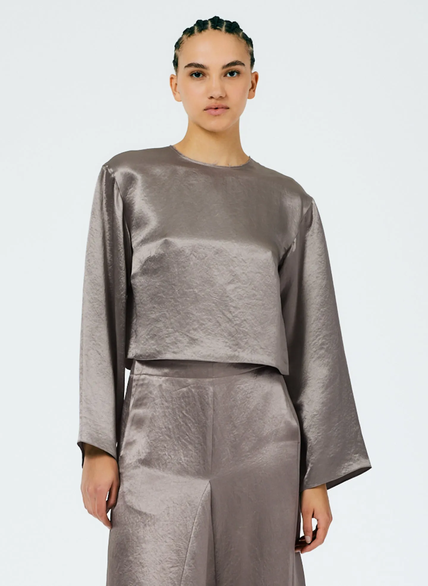Sion Satin Long Sleeve Cropped Top sold by Tibi