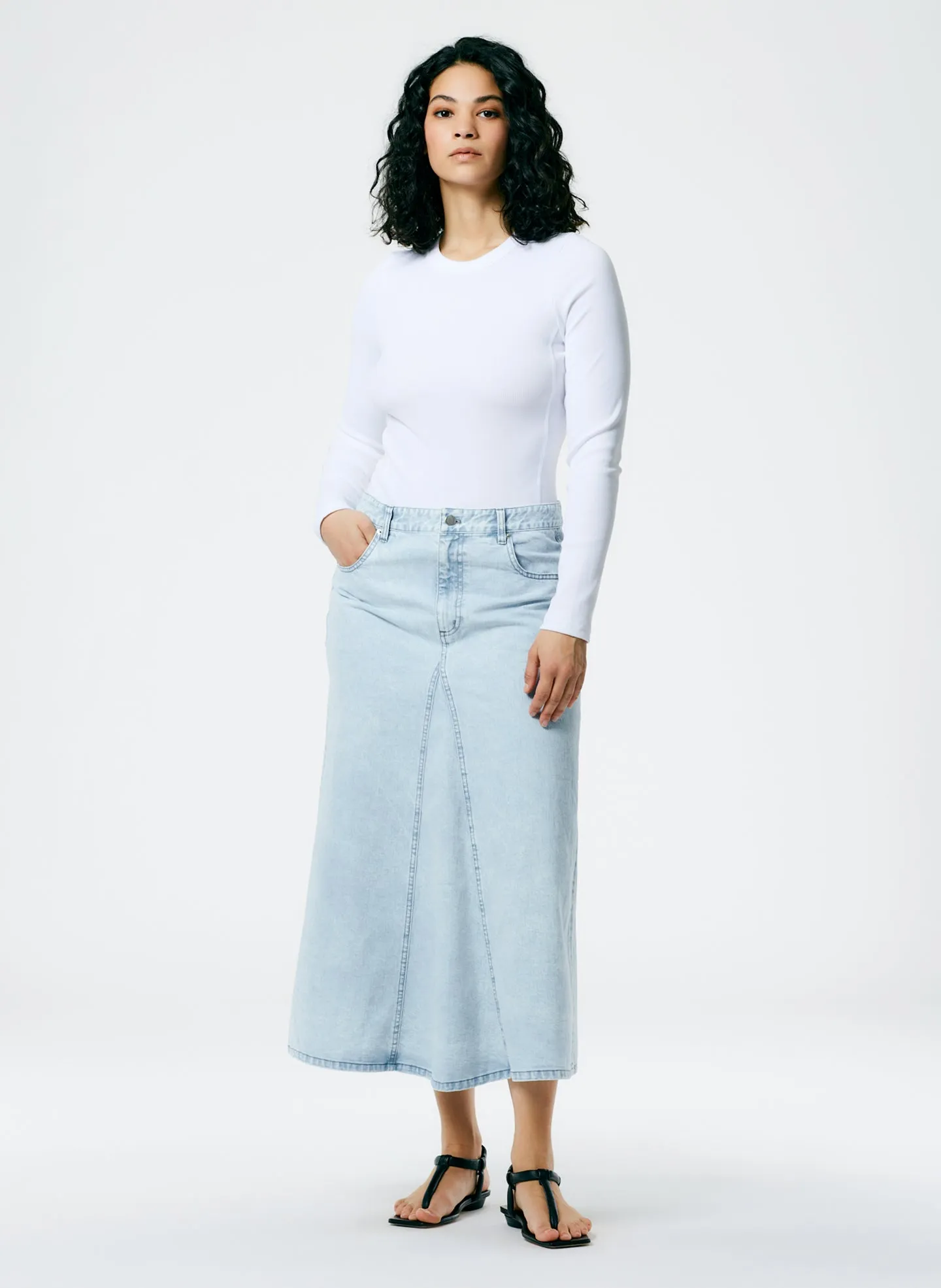 Denim Godet Midi Skirt sold by Tibi