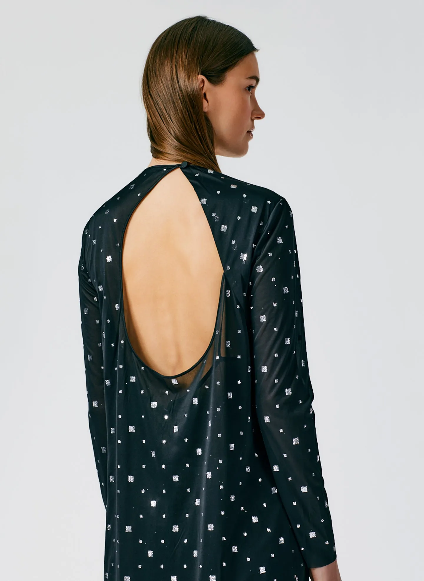 Sheer Metallic Speckle Long Sleeve Open Back Dress sold by Tibi product image thumbnail 4