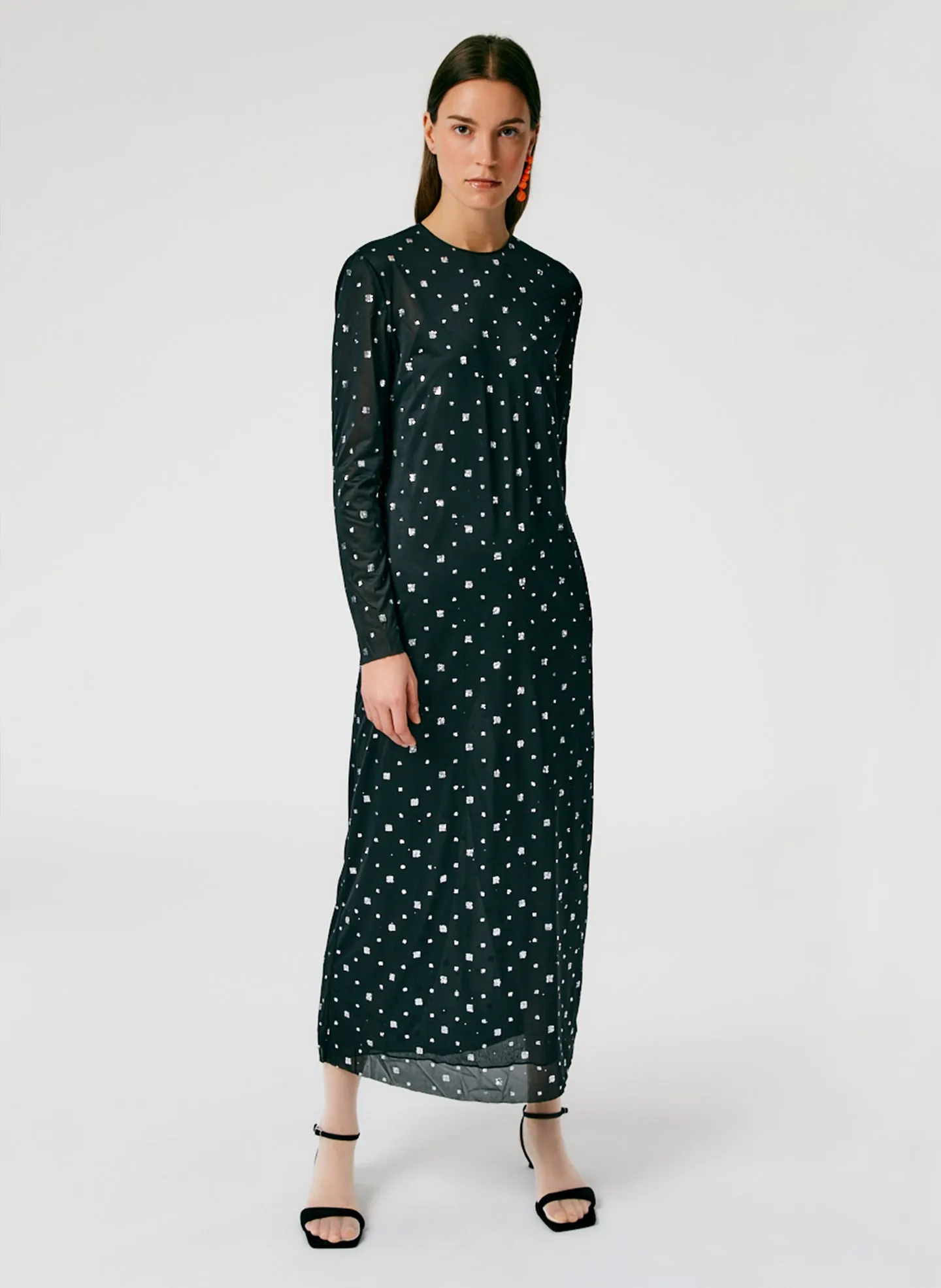 Sheer Metallic Speckle Long Sleeve Open Back Dress sold by Tibi