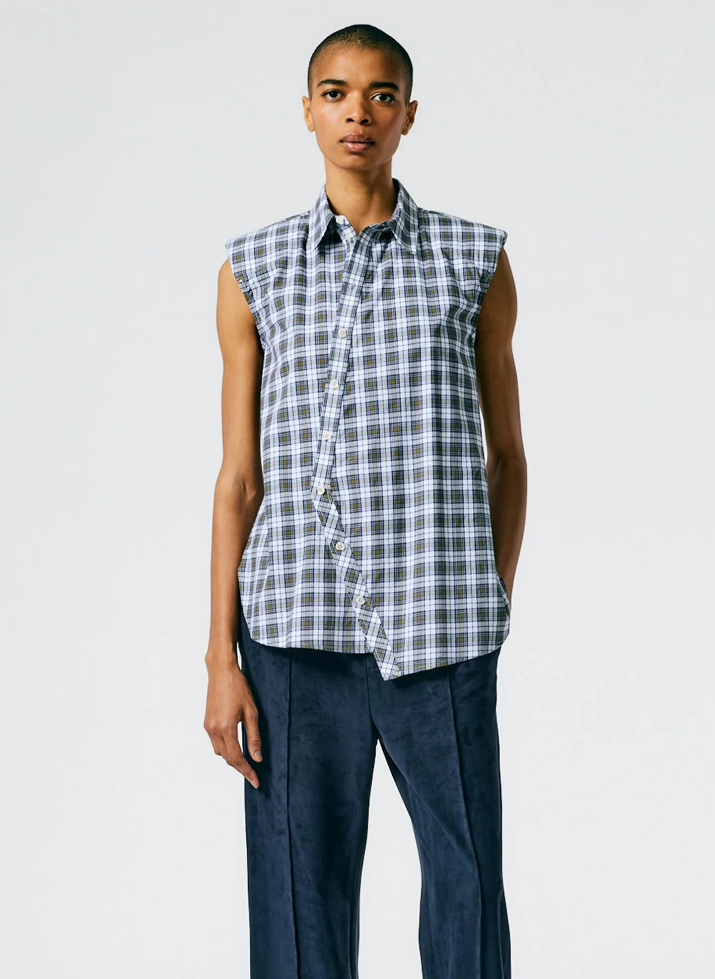 Reynolds Plaid Sleeveless Shoulderpad Shirt sold by Tibi