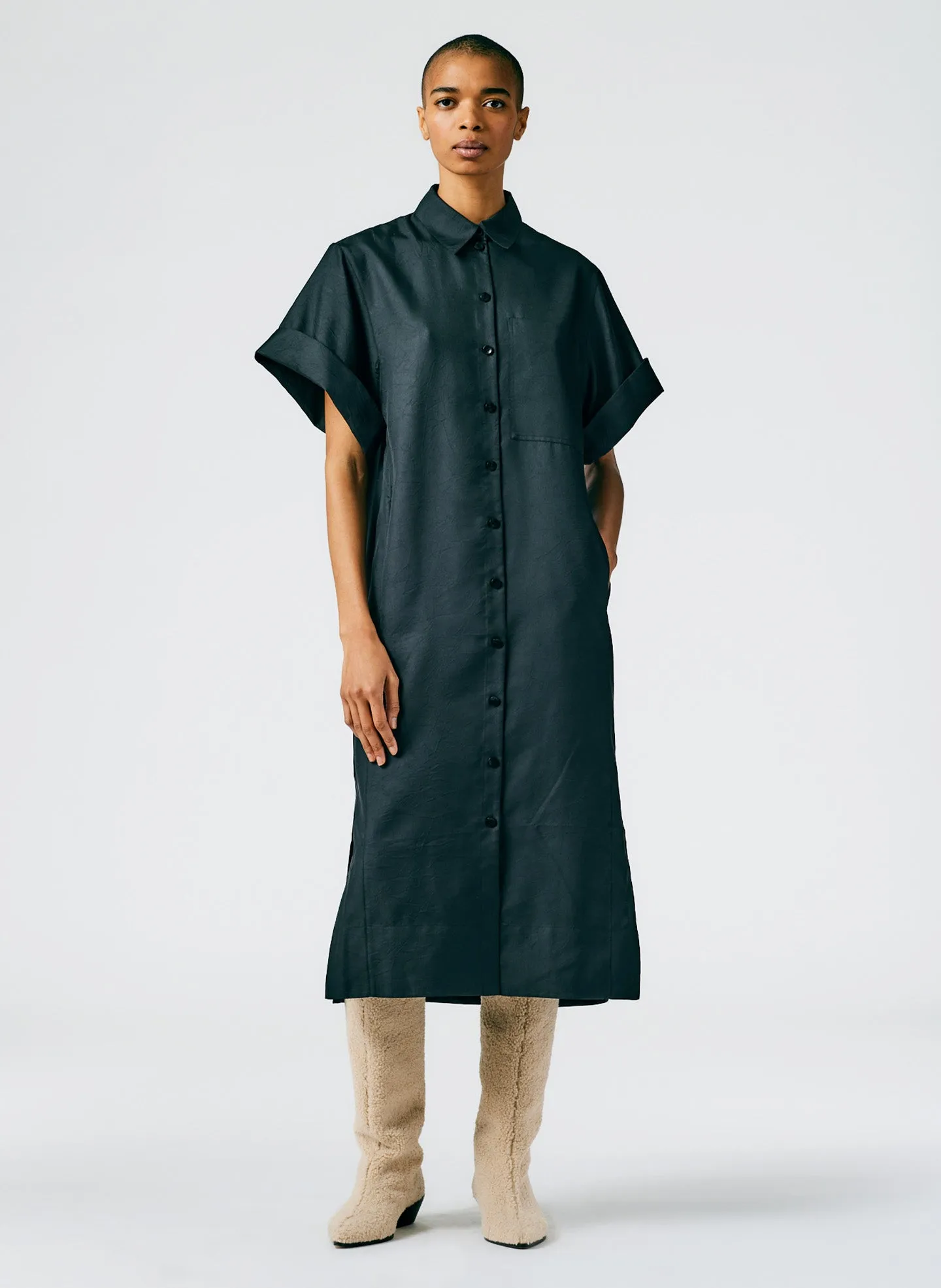 Devin Lightweight Tech Twill Rolled Sleeve Shirtdress sold by Tibi