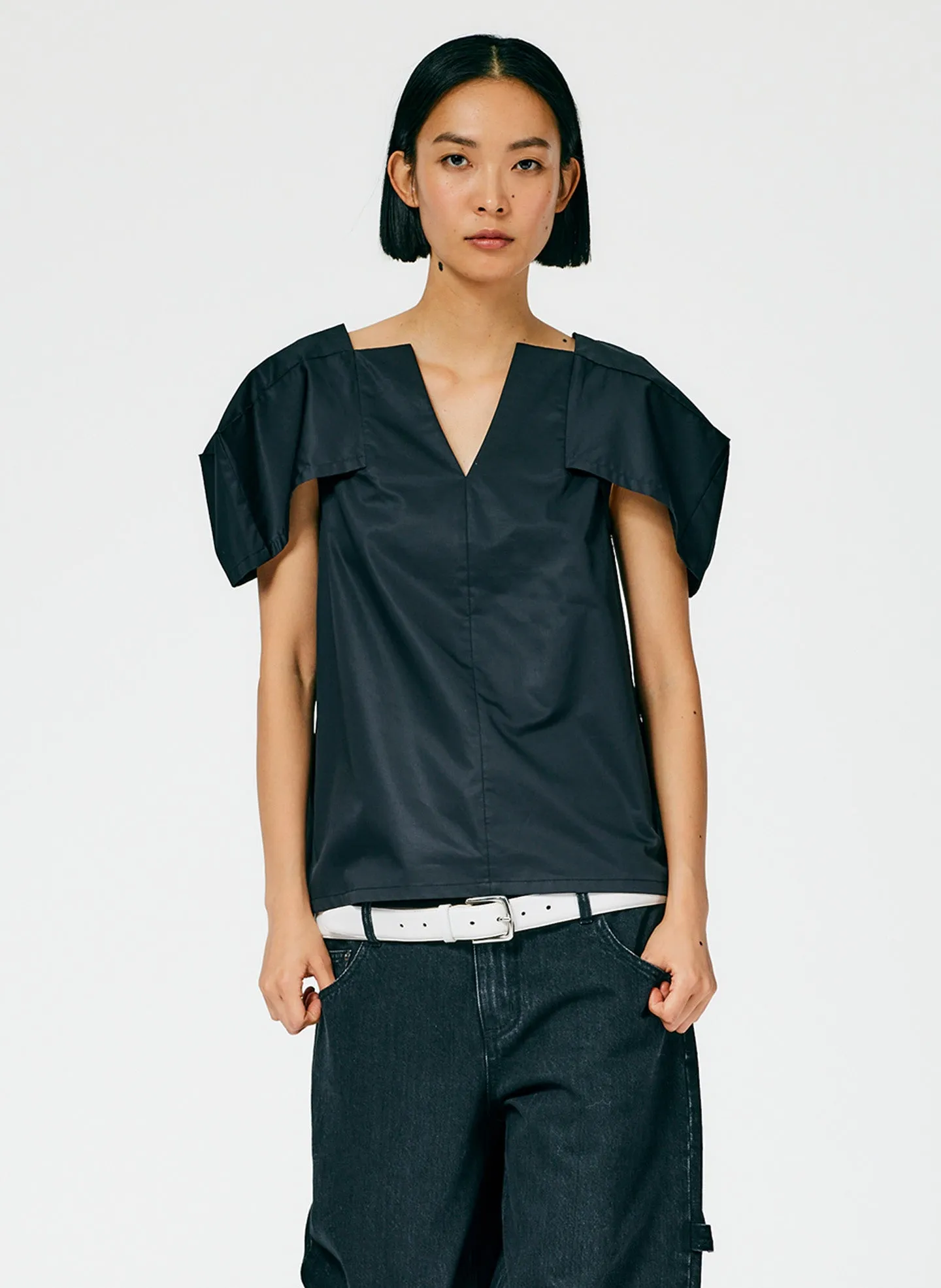 Lightweight Cotton Sateen Box Sleeve Split Neck Top sold by Tibi