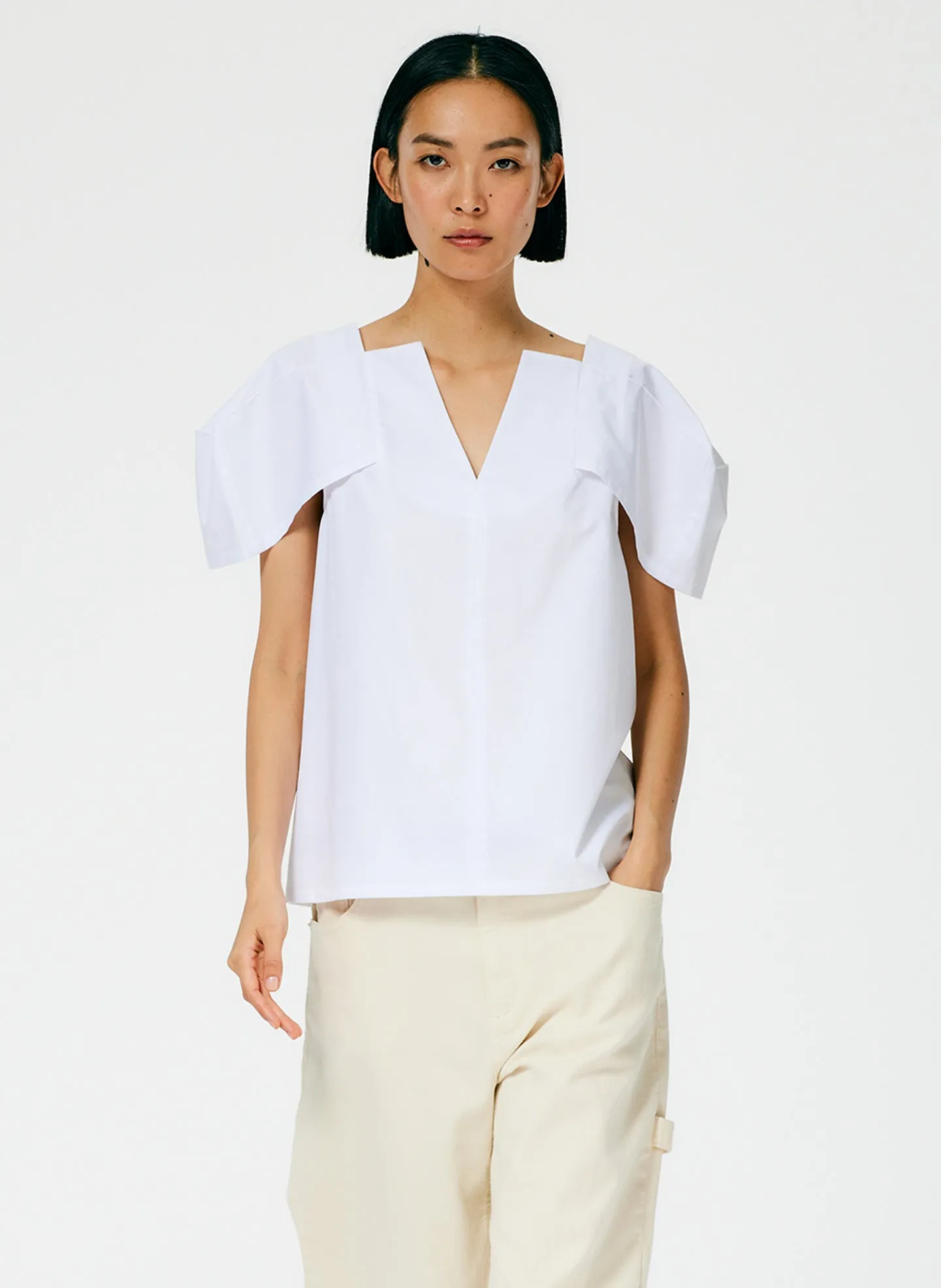 Lightweight Cotton Sateen Box Sleeve Split Neck Top sold by Tibi