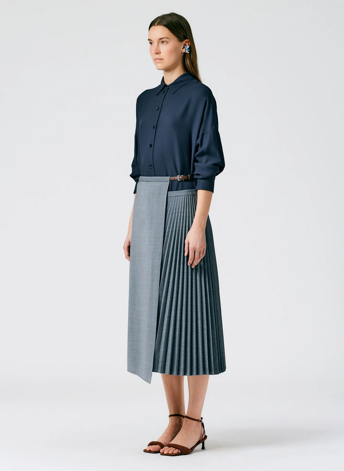 Tropical Wool Pleated Leather Wrap Skirt sold by Tibi product image thumbnail 3