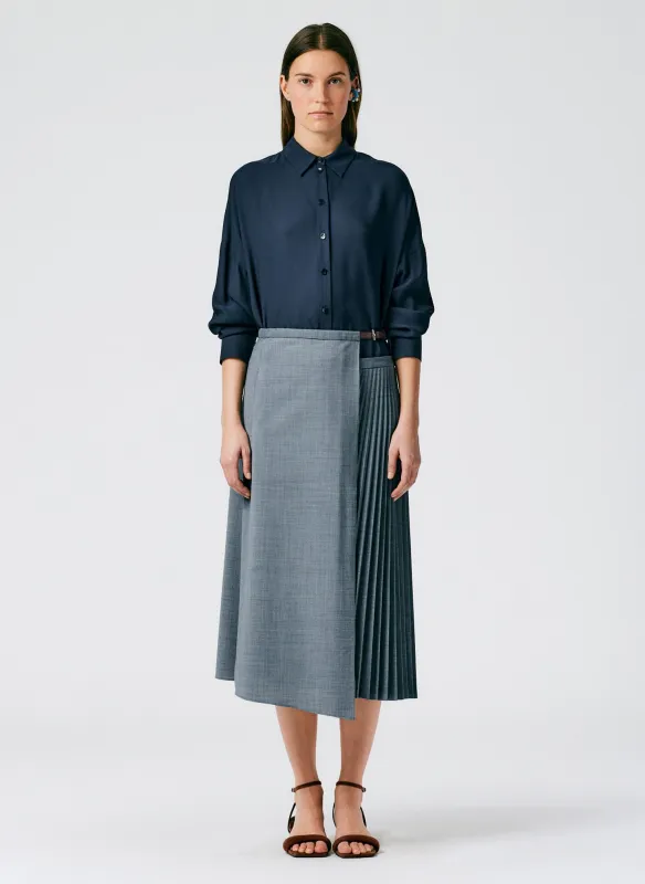 Tropical Wool Pleated Leather Wrap Skirt made by Tibi