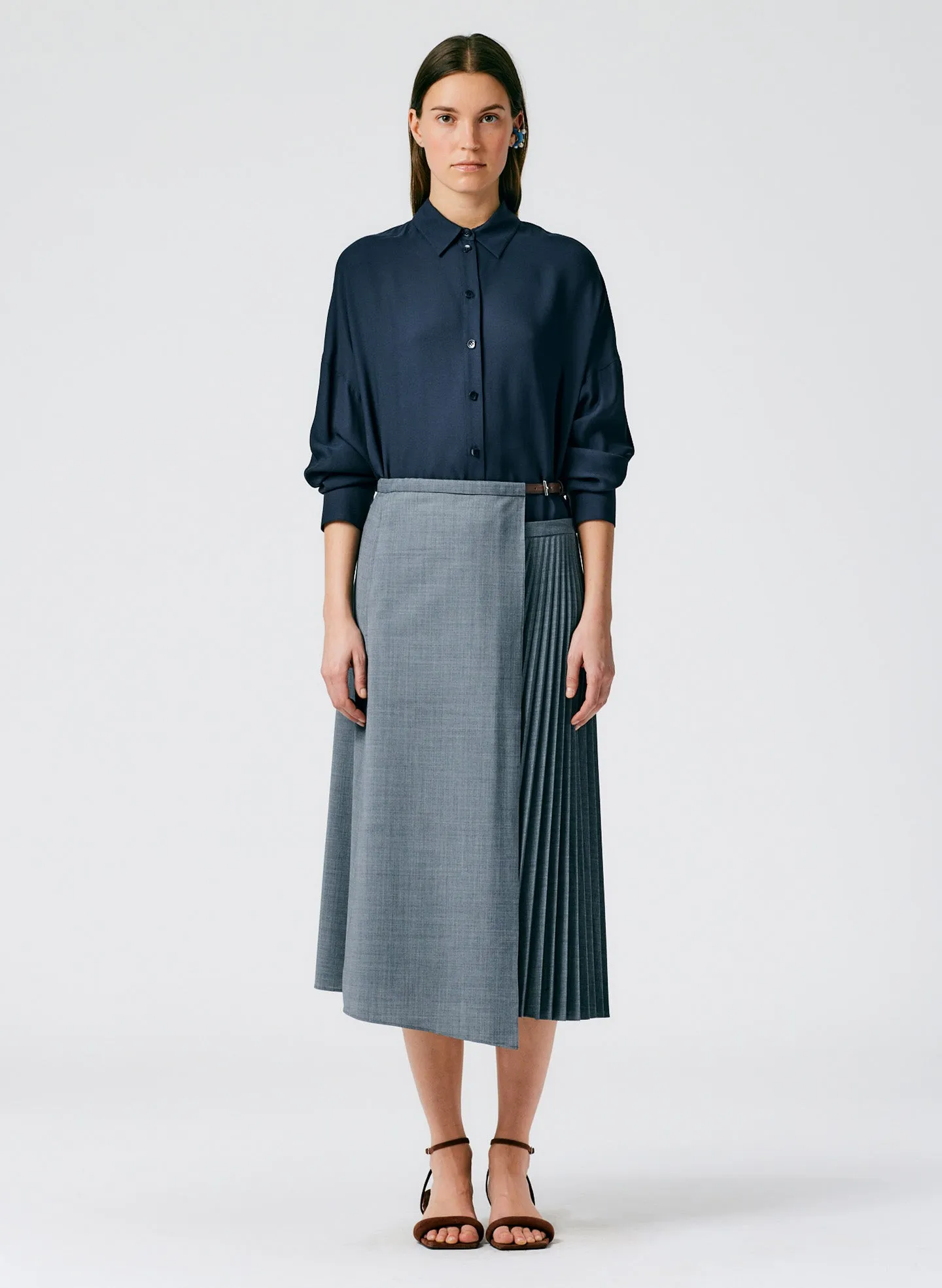 Tropical Wool Pleated Leather Wrap Skirt sold by Tibi