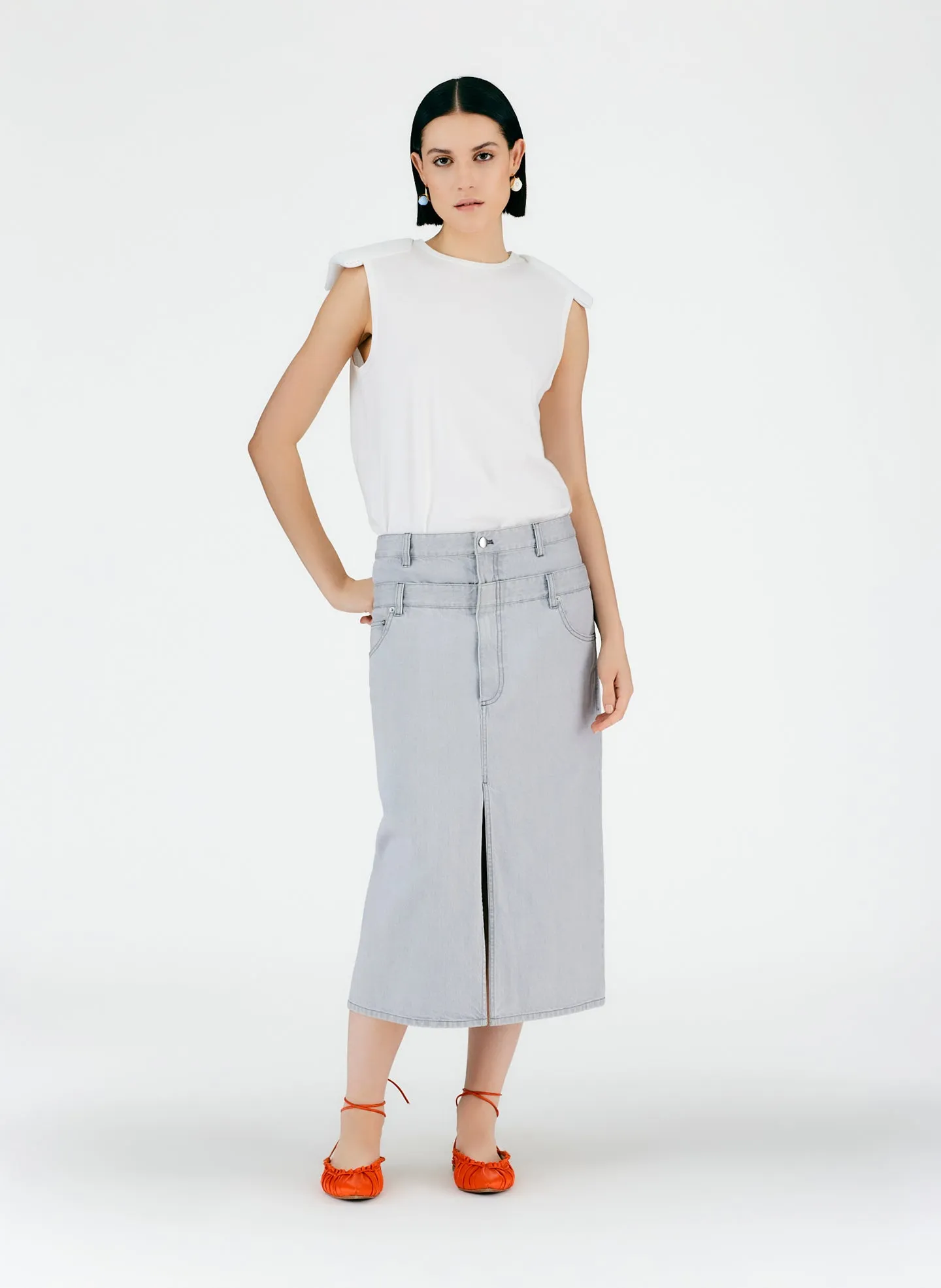 Grey Denim Double Waisted Denim Skirt sold by Tibi