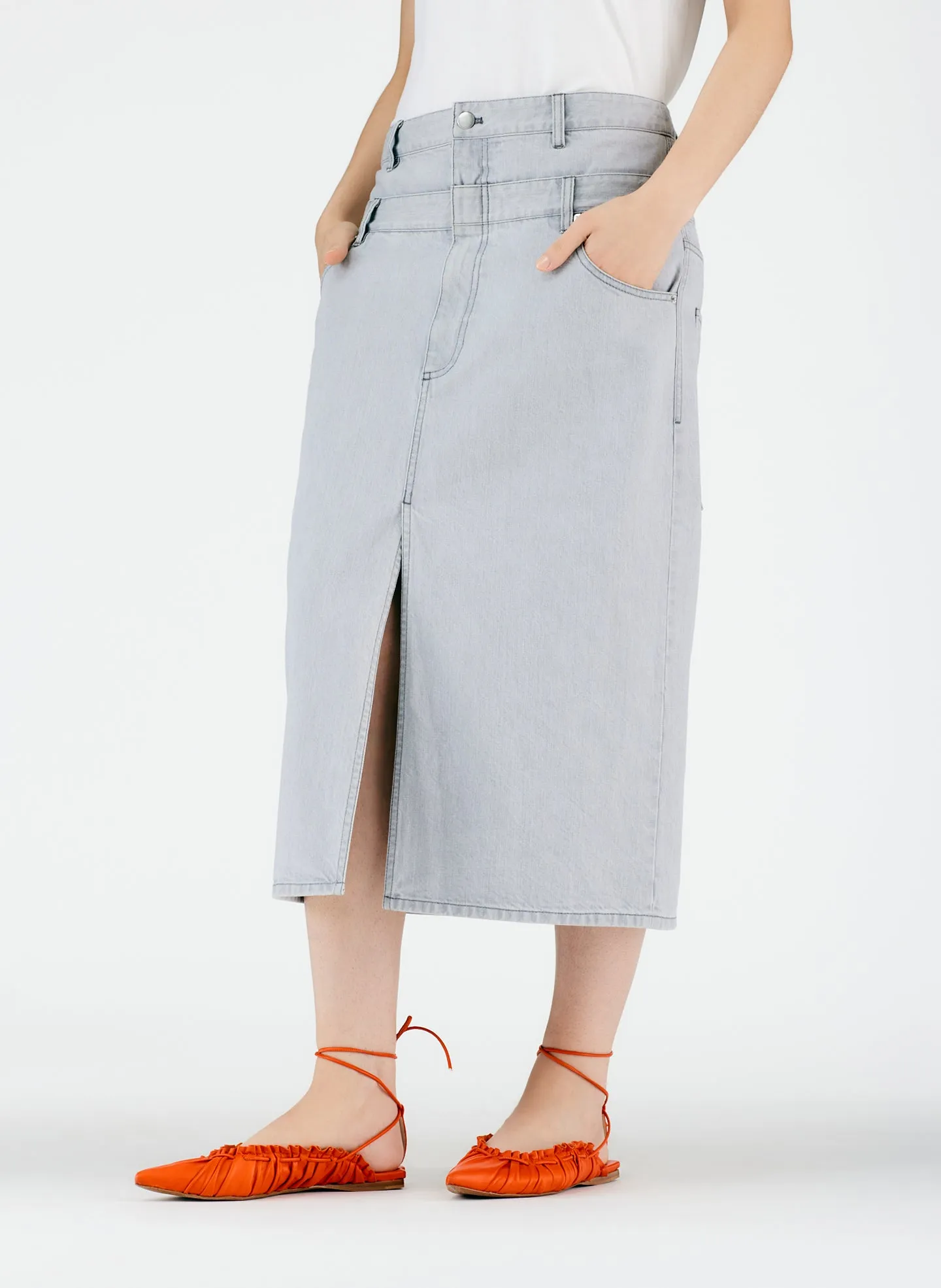 Grey Denim Double Waisted Denim Skirt sold by Tibi product image thumbnail 5