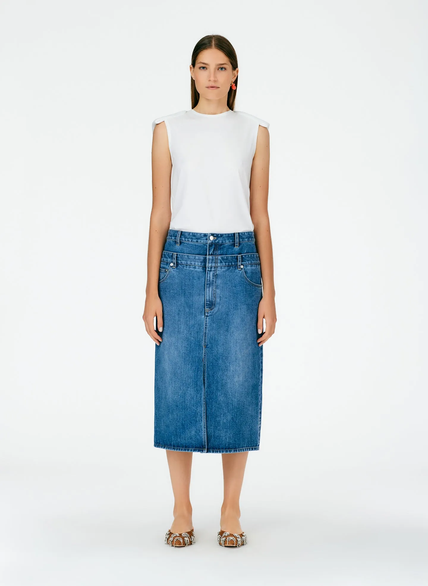 Classic Wash Double Waisted Denim Skirt sold by Tibi