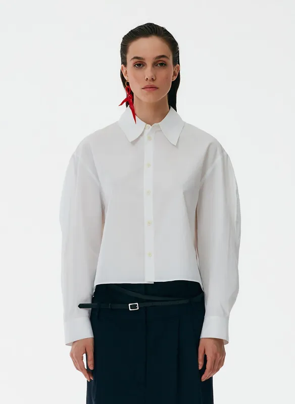 Miles Shirting Scallop Sleeve Cropped Boyfriend Shirt sold by Tibi